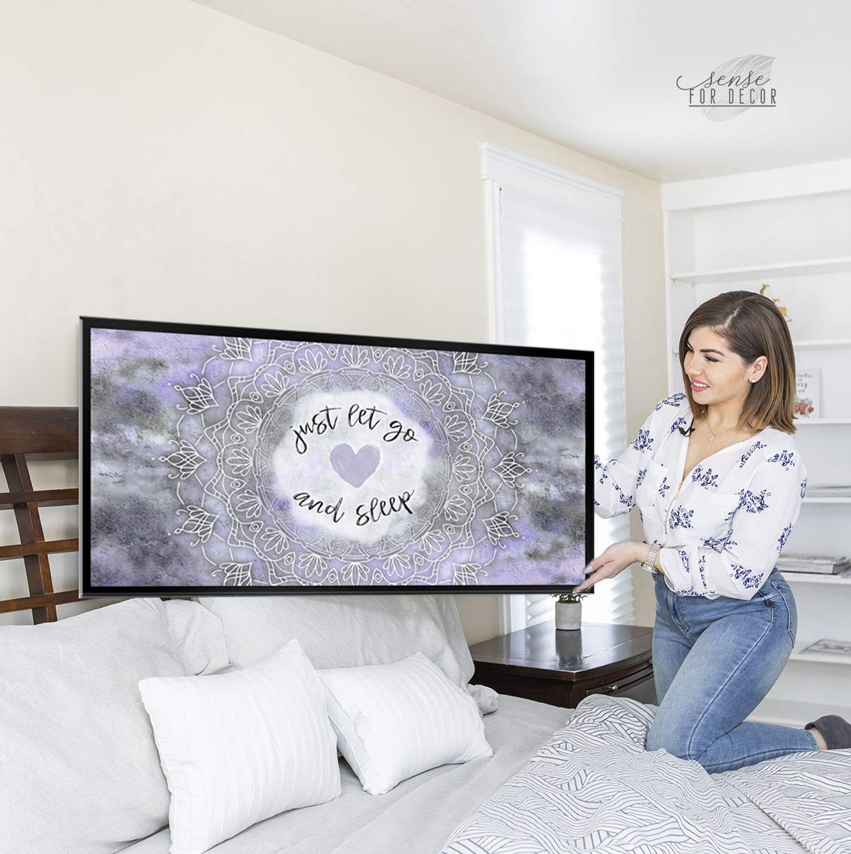 Boho Just Go And Sleep Large Canvas Wall Art - Bohemian Mandala Wall Decor for Master Bedroom, Above Bed (Purple & Black Floating Frame 42x19) | Perfect for Meditation Spaces, Yoga Rooms & Boho Chic Home Decor