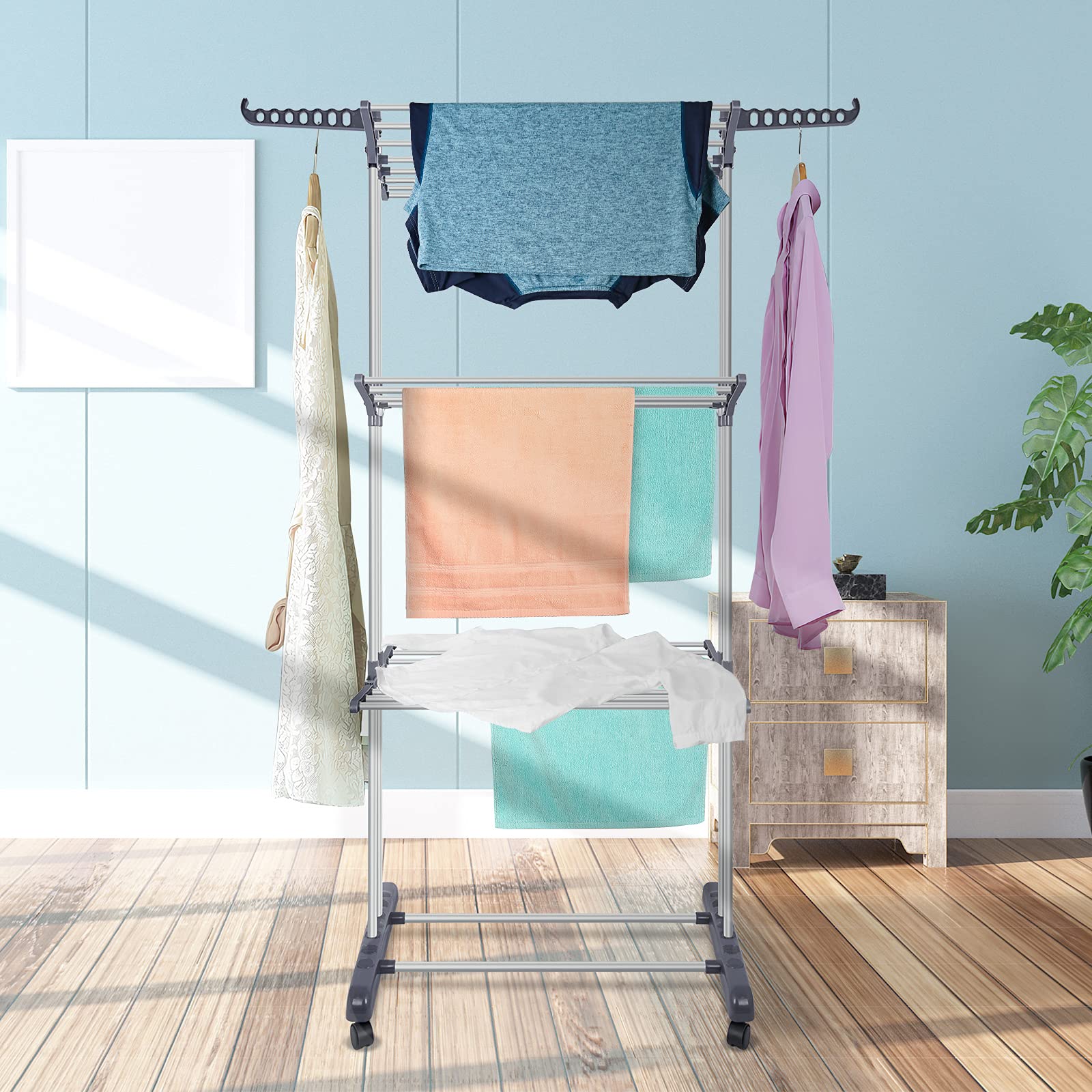 3-Tier Rolling Clothes Drying Rack - Large Folding Garment Rack with Foldable Wings & Wheels for Indoor/Outdoor Use - Perfect for Apartments, Laundry Rooms, Balconies and Small Spaces
