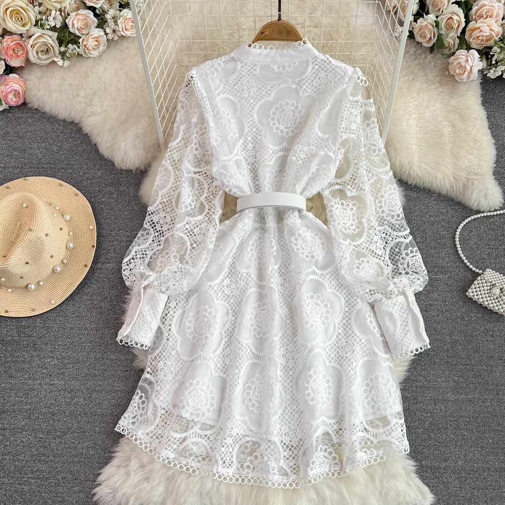 Elegant Long Sleeve Stand Collar Lace A-Line Dress for Women - Perfect for Weddings, Parties & Special Occasions