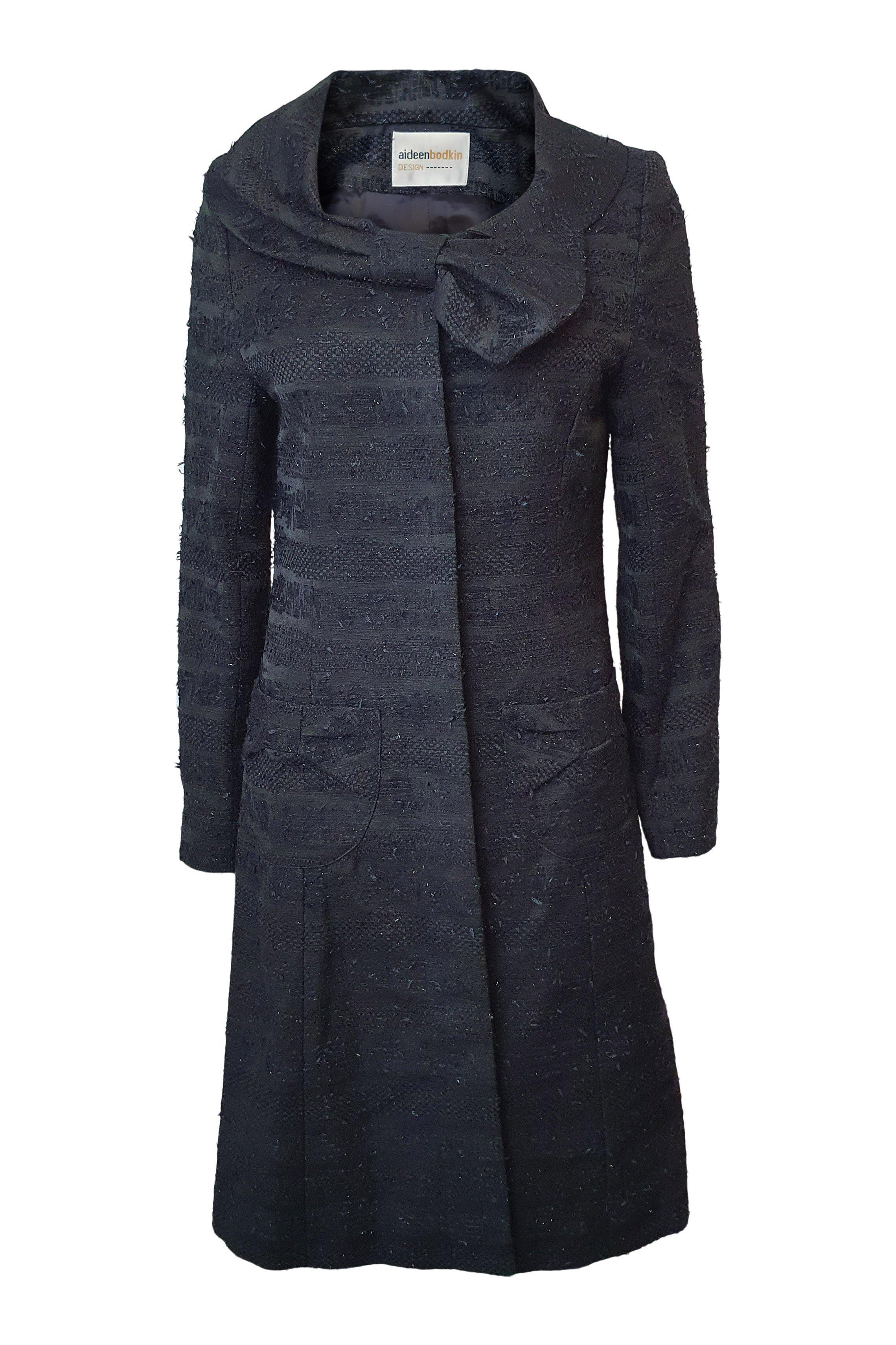 AIDEEN BODKIN Black Rosa Cotton Blend Waffle Long Coat for Women - UK Size 8 | Stylish Winter Outerwear for Casual & Formal Occasions