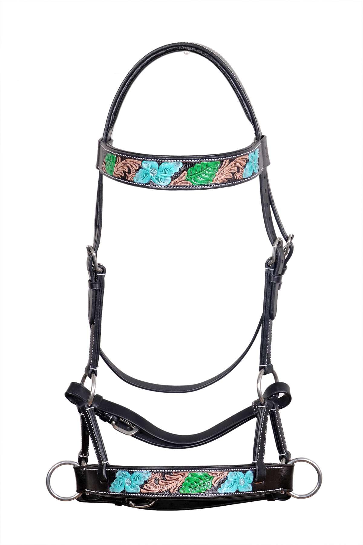 MEWATI Handmade Western Leather Sidepull Bridle - Teal Blue Floral & Green Leaf Tooling - Vegetable Tanned Leather - Perfect for Horse Riding, Training & Equestrian Shows