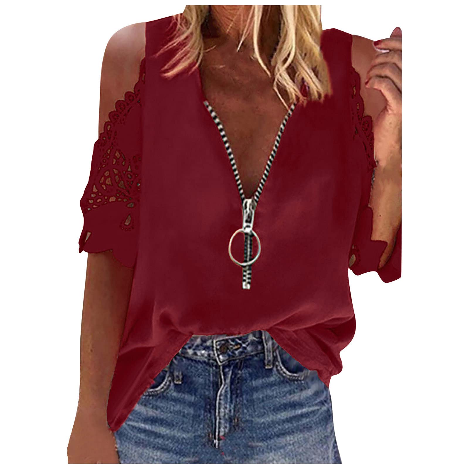 Women's Summer Cold Shoulder Tops - Short Sleeve V-Neck Zipper Hollow Out Blouses | Trendy Sexy Casual Tee Shirts for Beach, Party & Date Night Outfits