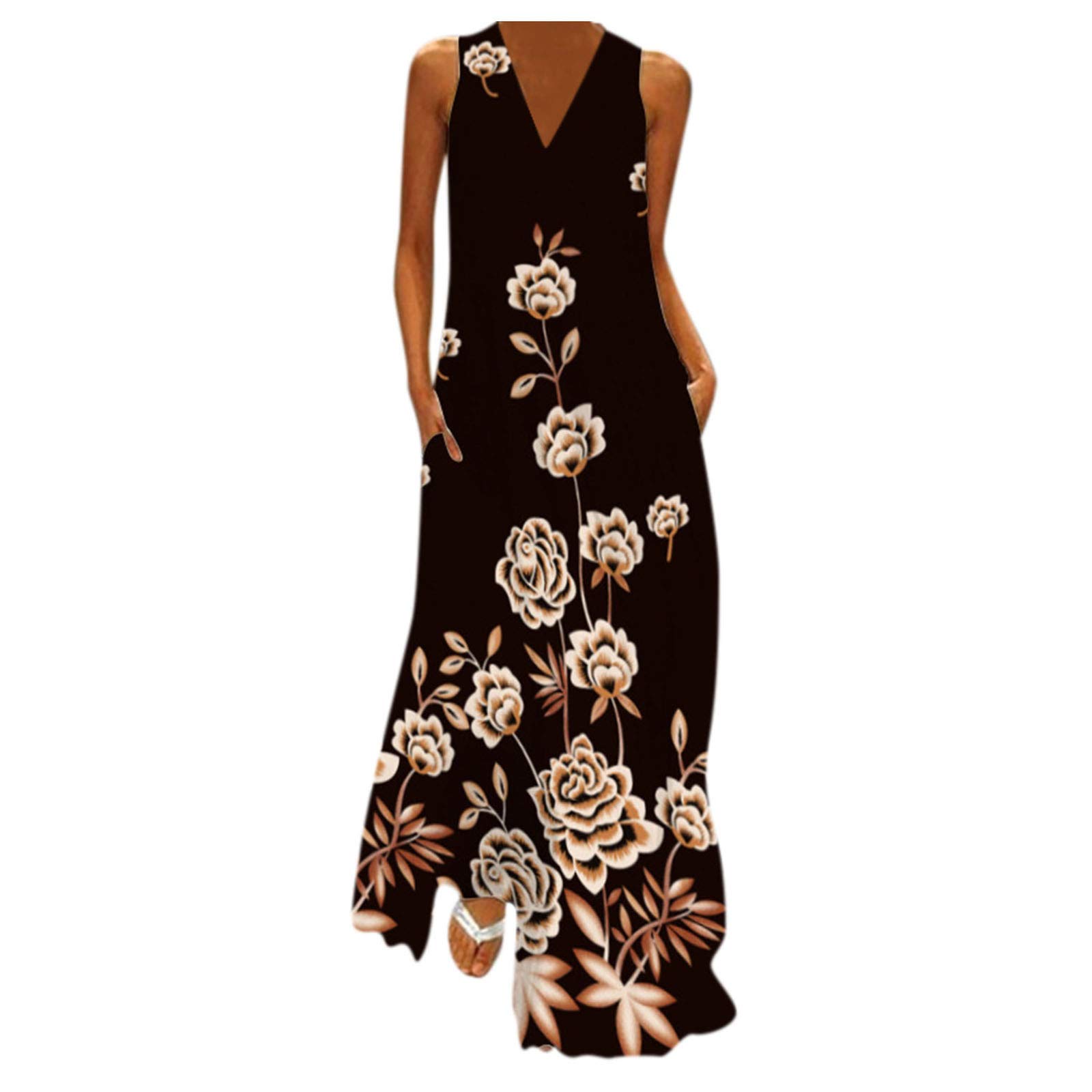 Gemkonsey Women's Sleeveless Maxi Dress with Pockets - Summer Casual Beach Dress, Flowy Irregular Hem Vestidos - Perfect for Vacations, Pool Parties & Outdoor Events