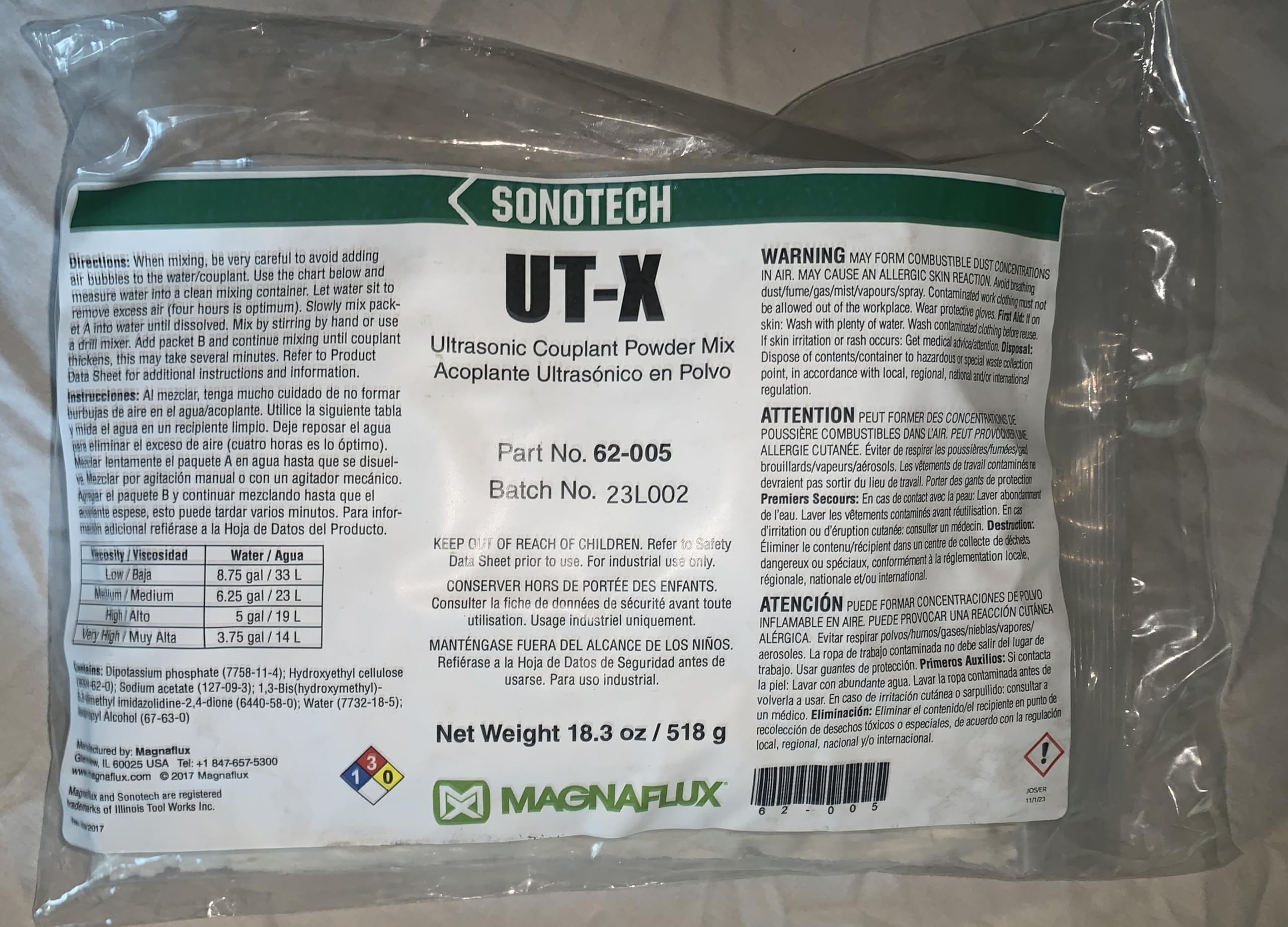 Sonotech UT-X Powder Ultrasonic Couplant - Makes 5 Gallons (62005) | High-Performance Couplant for NDT Testing | Ideal for Industrial Ultrasonic Inspections & Weld Testing