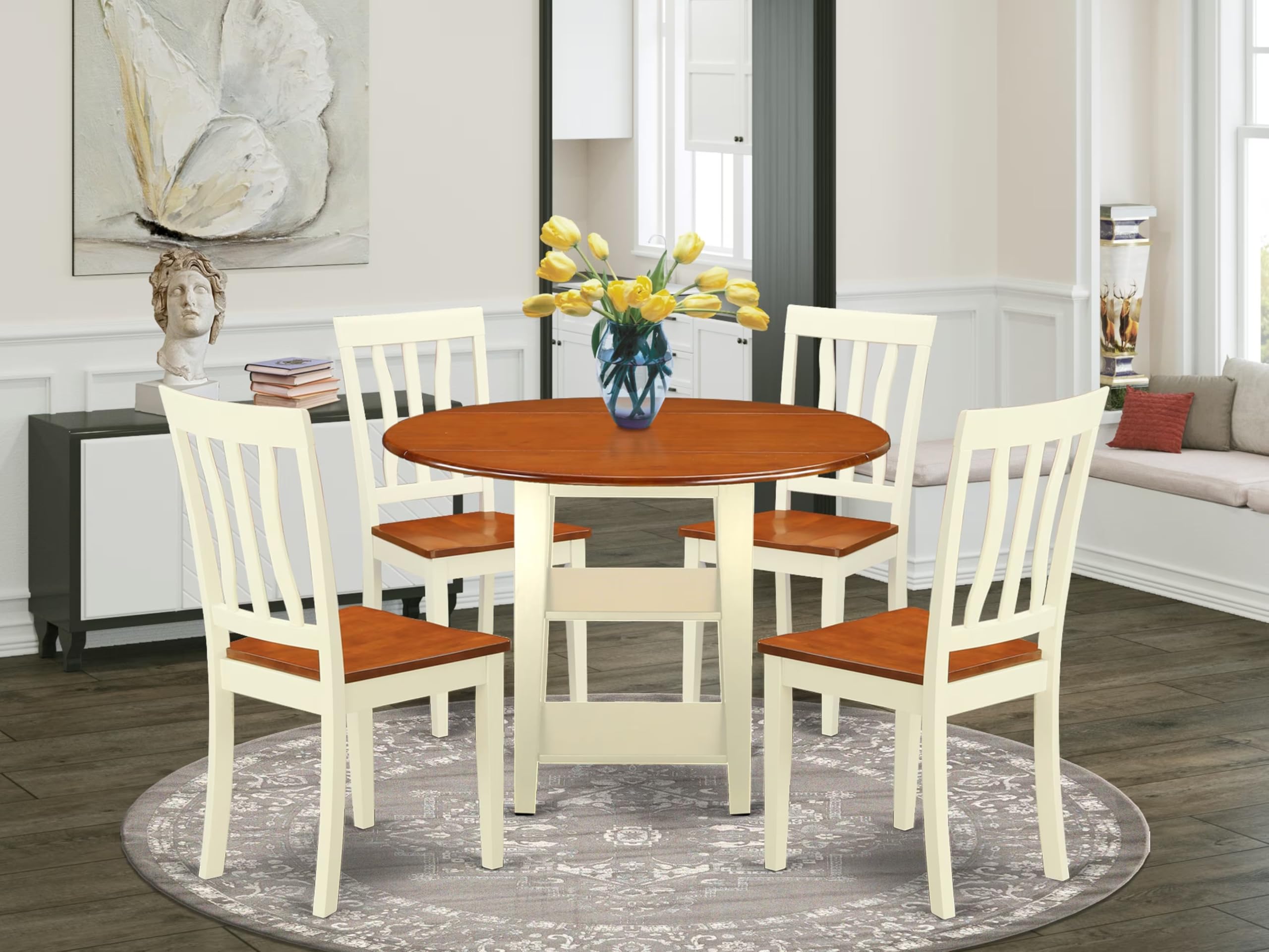 East West Furniture SUAN5-BMK-W 5-Piece Modern Dining Room Set - Round Wooden Table with Drop Leaf & Shelves, 4 Chairs, 42x42 Inch, Buttermilk & Cherry - Perfect for Small Spaces, Breakfast Nooks & Cozy Apartments