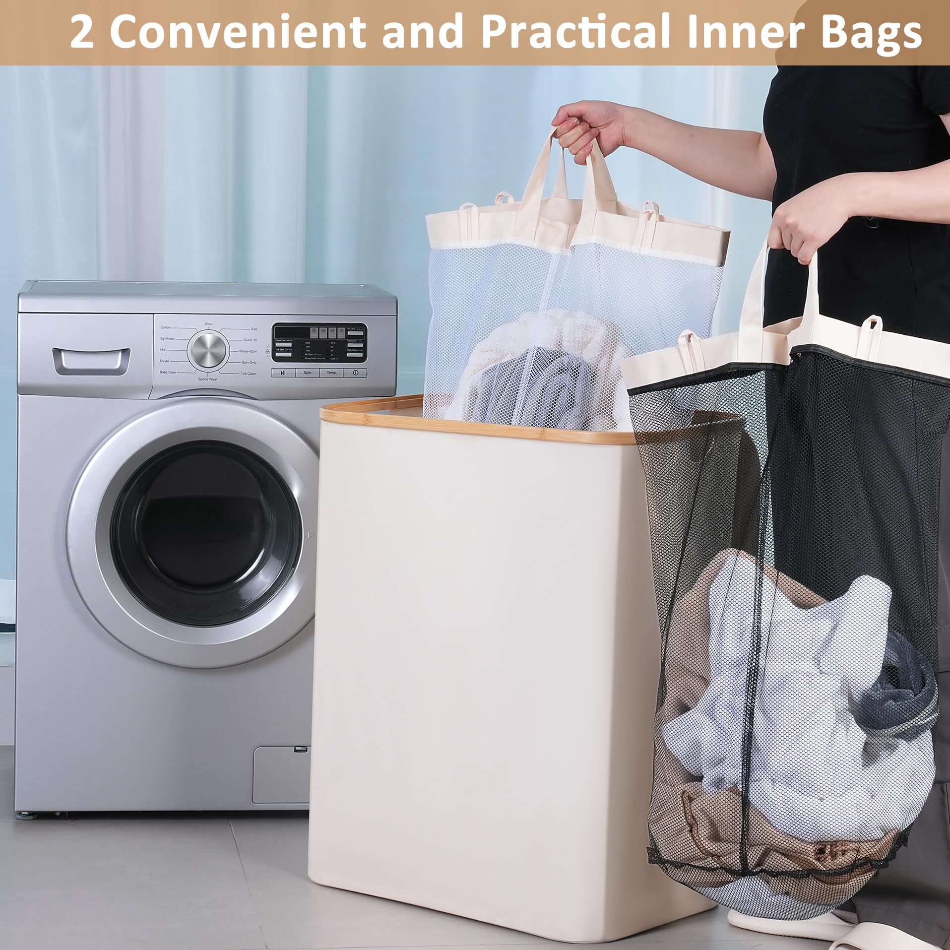 150L Large Laundry Basket with Lid & Bamboo Handle - Collapsible Clothes Hamper Organizer with Removable Inner Bag for Laundry, Toys, Towels Storage - Perfect for Bedroom, Bathroom & Nursery - Beige