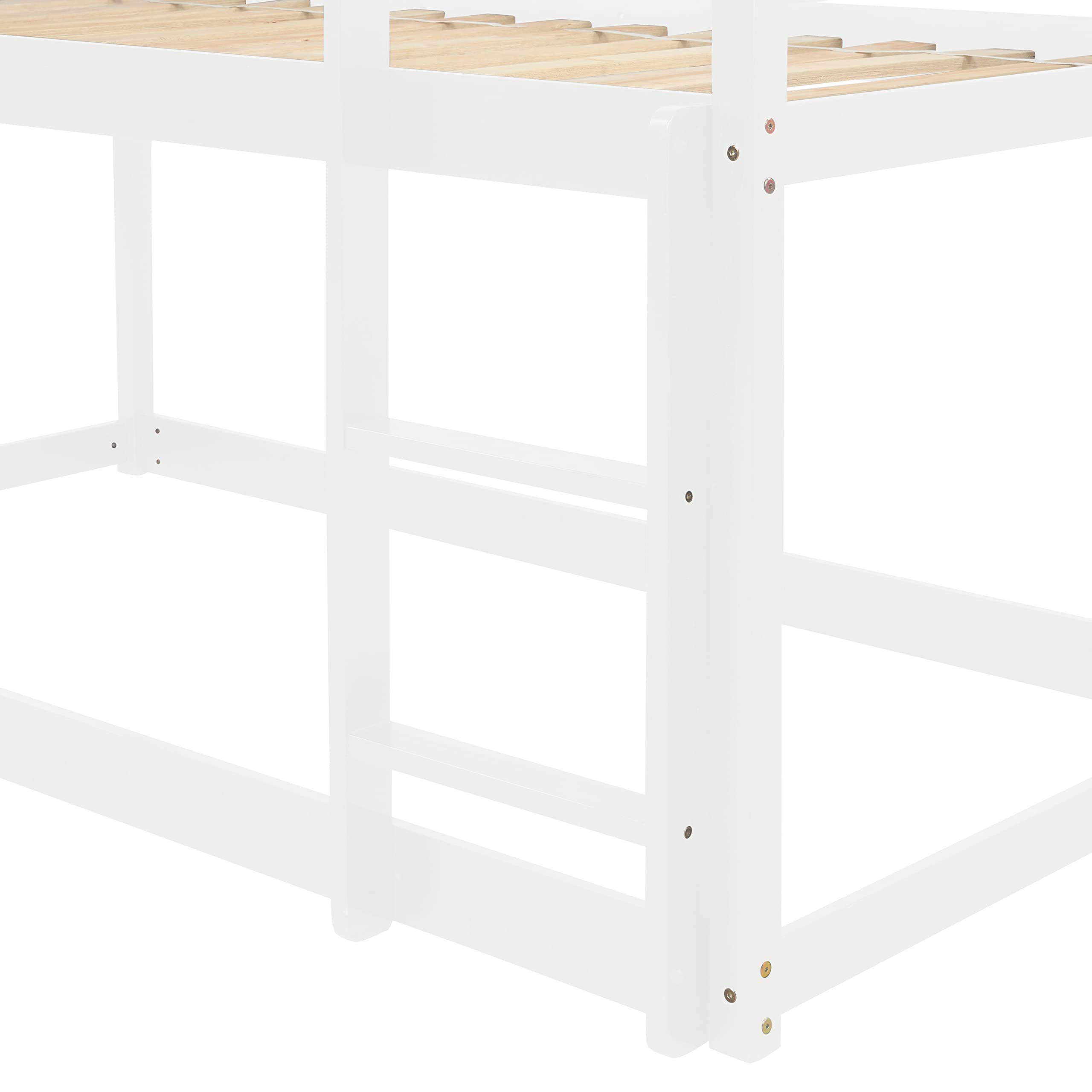 Solid Wood Twin Over Twin Floor Bunk Bed with Ladder & Safety Rails - Sturdy Wooden Bunk Beds for Teens/Adults - Low Profile Bed Frame, No Box Spring Needed - White - Perfect for Kids' Bedrooms, Guest Rooms & Space-Saving Small Apartments