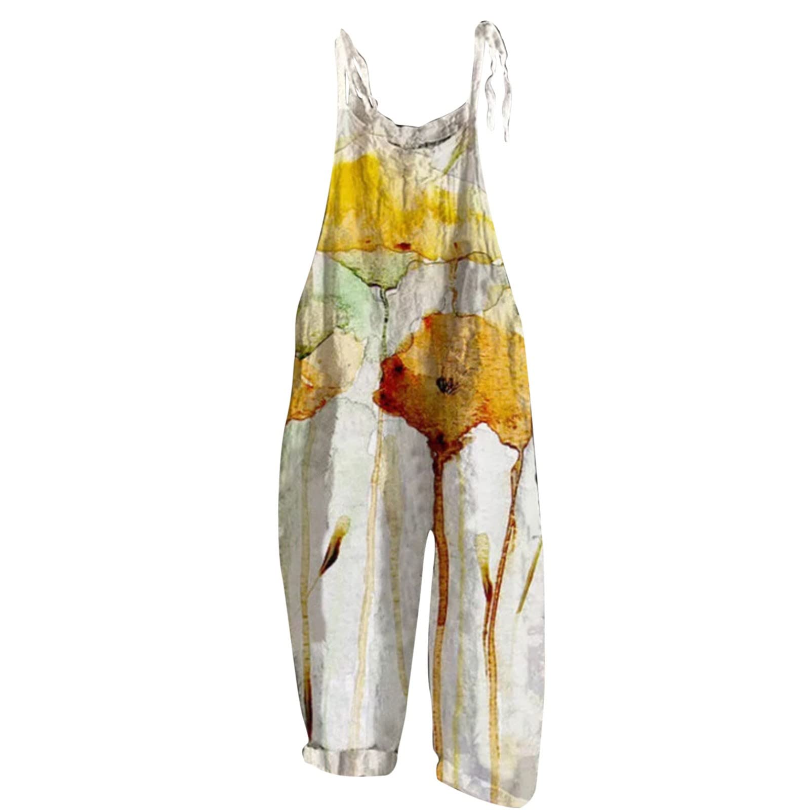 Women's Floral Cotton Jumpsuit - Sleeveless Spaghetti Strap Romper with Tie Detail for Casual Outings & Summer Vacations