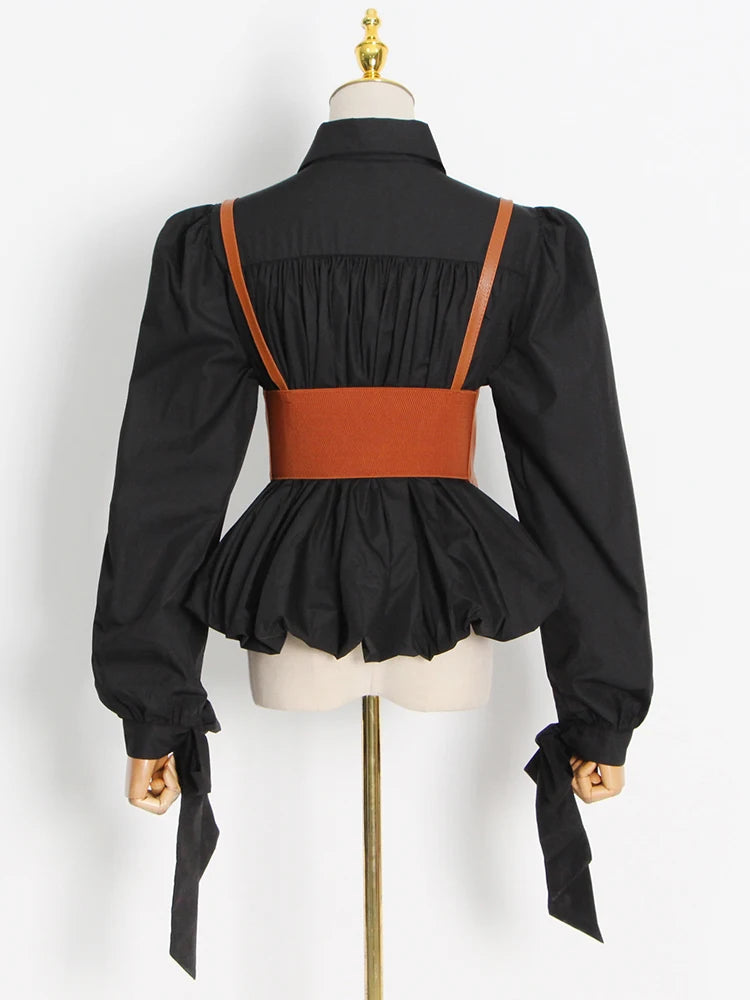 Stylish Black Casual Shirt for Women - Lapel Collar Long Sleeve Patchwork Pleated Blouse | Spring Fashion Essential for Office, Dating & Everyday Wear