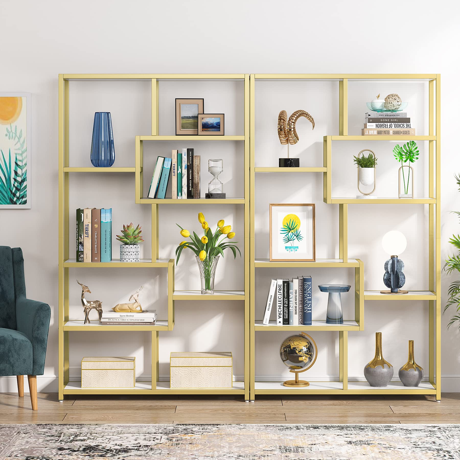 Tribesigns 8-Tier Gold Bookcase with Faux Marble - Modern Open Shelf Book Shelf for Home Office, Living Room & Bedroom - Stylish Storage Organizer for Books, Decor & Display Items