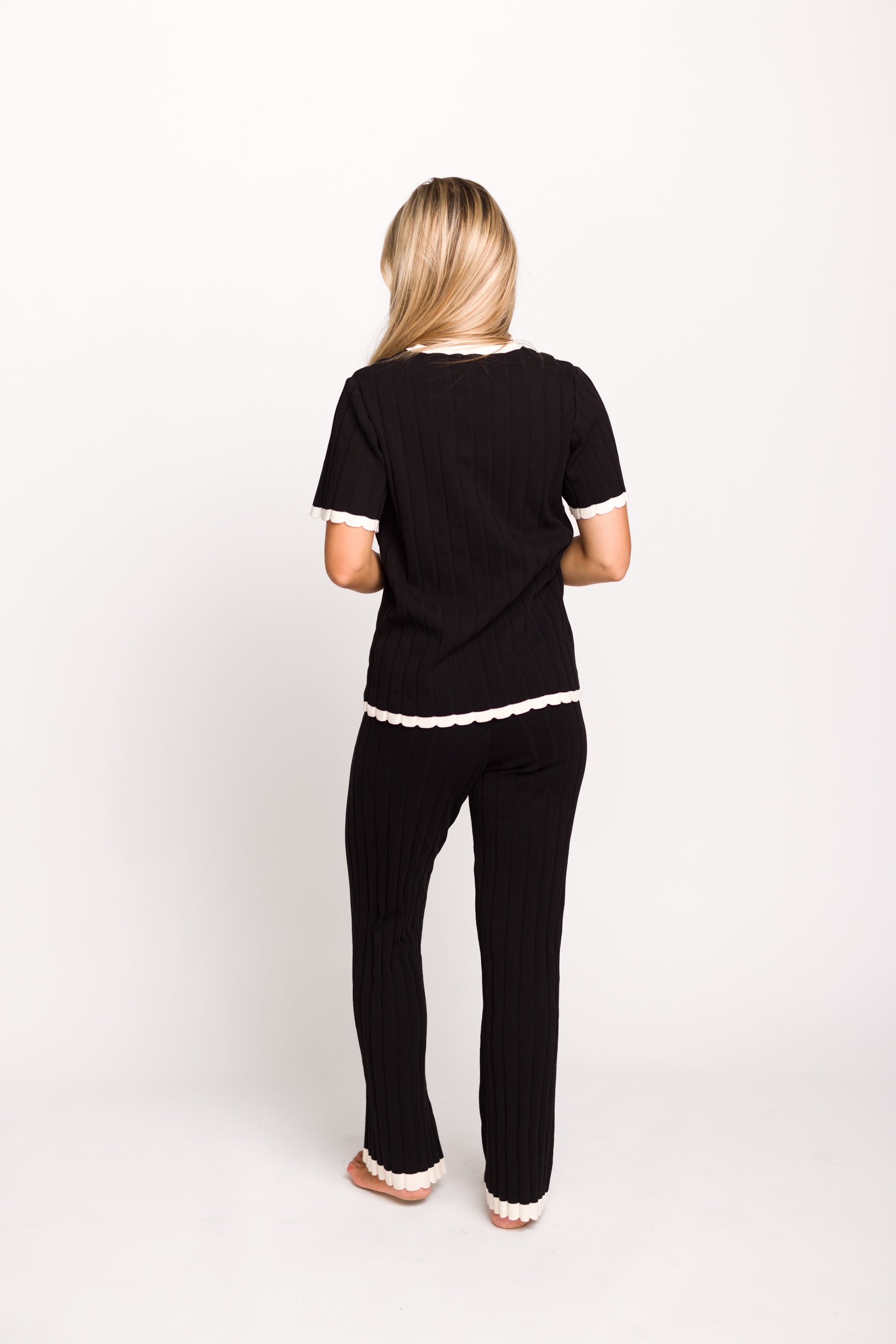 Adele Ribbed Knit Top and Pants Set - Women's Black Stretch Outfit for Casual Wear, Lounge & Fall Fashion