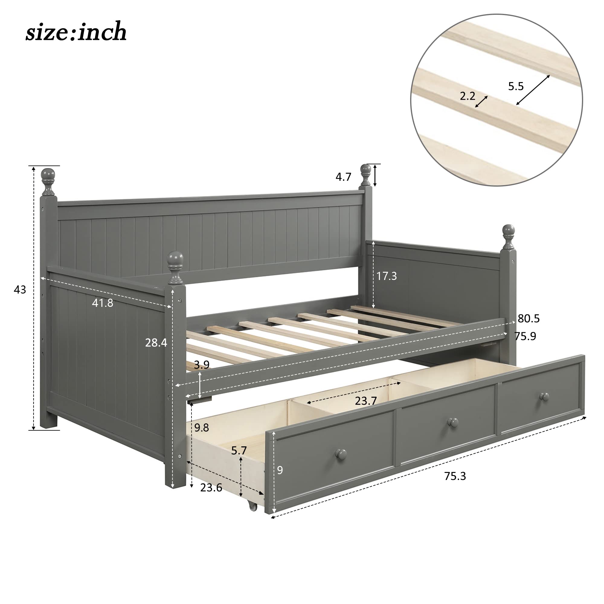 SOFTSEA Modern Twin Daybed with Storage Drawers - Sturdy Wood Bed Frame with Backrest & Mattress Foundation for Kids, Teens & Adults - Space-Saving Gray Daybed for Guest Rooms, Dormitories & Small Apartments