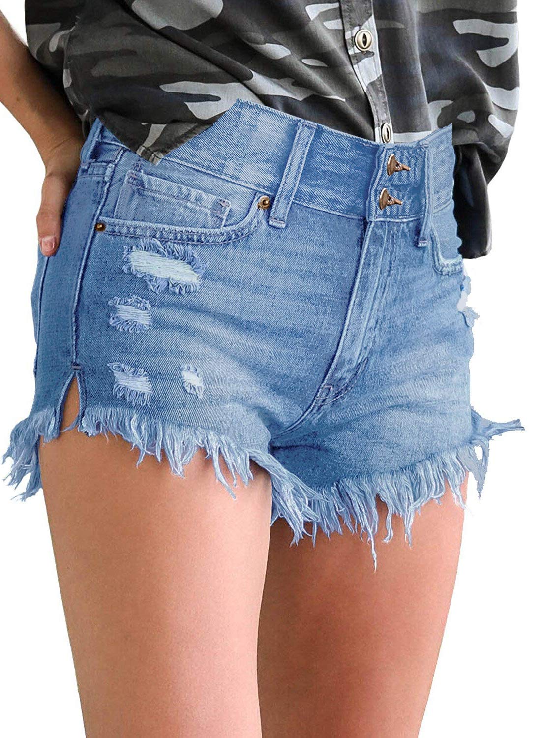 LookbookStore Women's Mid Rise Frayed Ripped Raw Hem Denim Shorts - Stylish Distressed Jean Shorts for Summer Outfits, Beach & Casual Wear