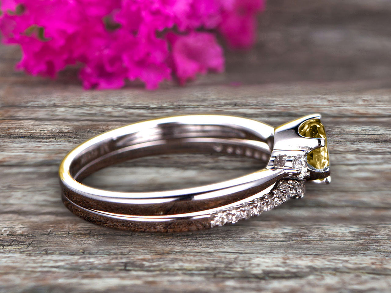 1.5 Carat Round Cut Champagne Diamond Moissanite Engagement Ring in 10k White Gold with Art Deco Vintage Matching Wedding Band Set – Perfect for Proposals, Anniversaries & Bridal Jewelry