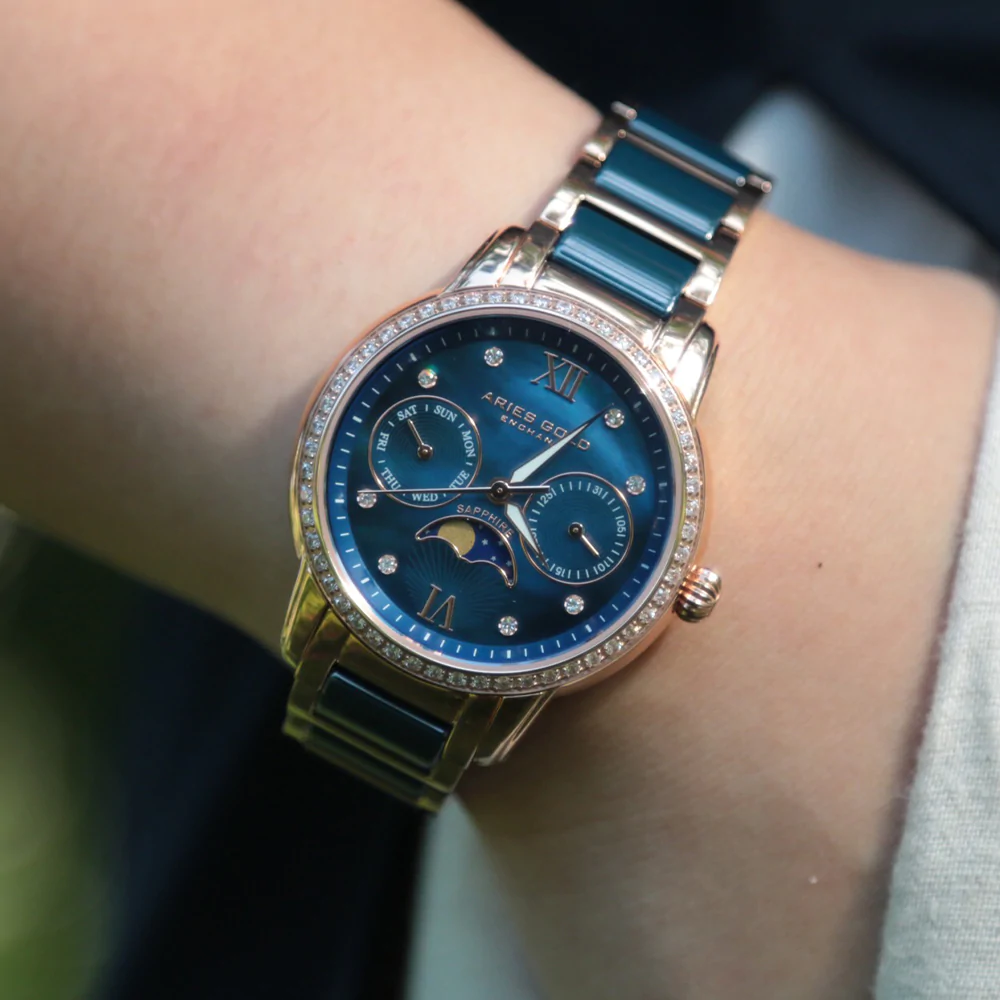 ARIES GOLD ENCHANT LUNA Rose Gold Stainless Steel Women's Watch with Blue Ceramic Bezel - Elegant Dress Watch for Women, Perfect for Office, Party & Special Occasions