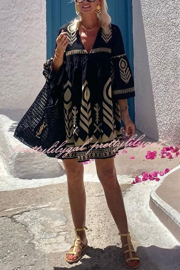 Elegant Gold Printed V-Neck Bell Sleeve Mini Dress for Women - Perfect for Parties, Date Nights & Special Occasions