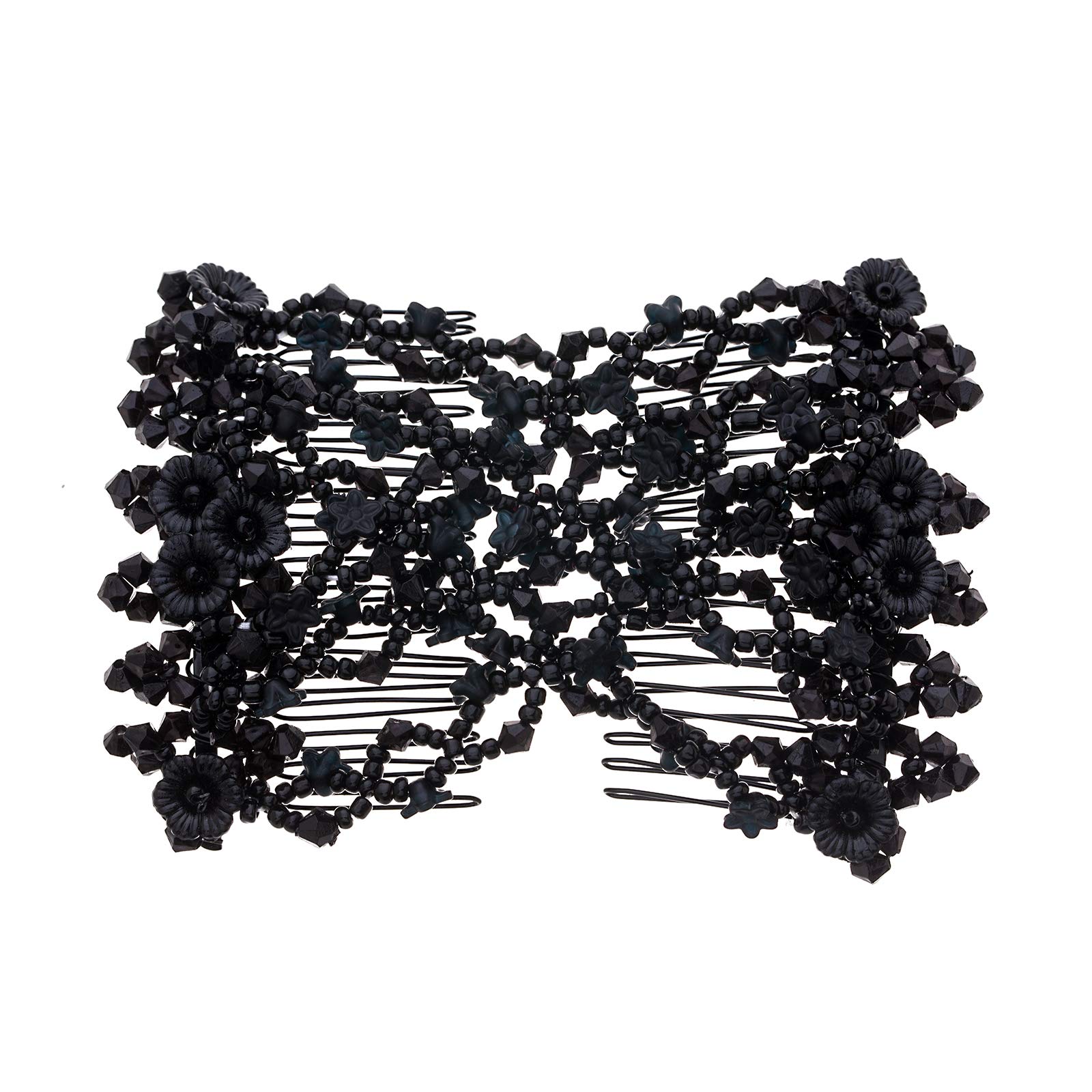 Vintage Beaded Crystal Flower Hair Clips - Stretchy Double Prong Hair Comb Accessories for Women (Black) | Perfect for Weddings, Parties & Everyday Elegance
