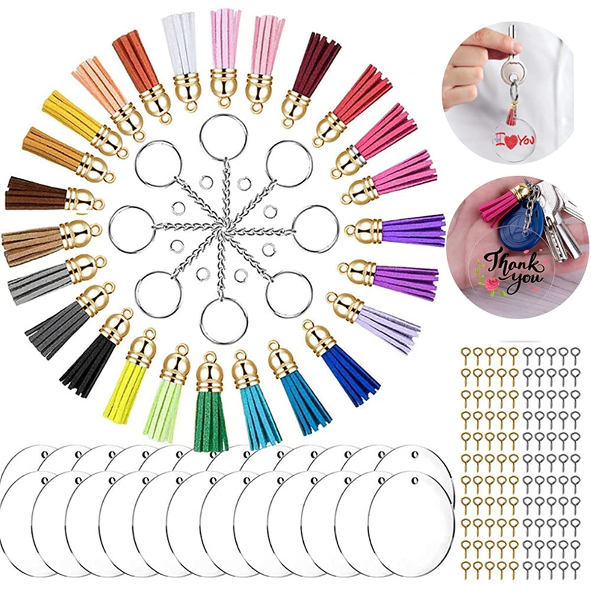 Yodio 200pcs Clear Acrylic Circle Discs Keychain Blanks - DIY Craft Supplies for Jewelry Making, Tassel Pendants, Key Rings (30 Round Plates, 30 Key Rings with Chain, 30 Tassels, 55 Gold & Silver Claw Nails) - Perfect for DIY Projects, Scrapbooking, Gift Making, and Home Decor