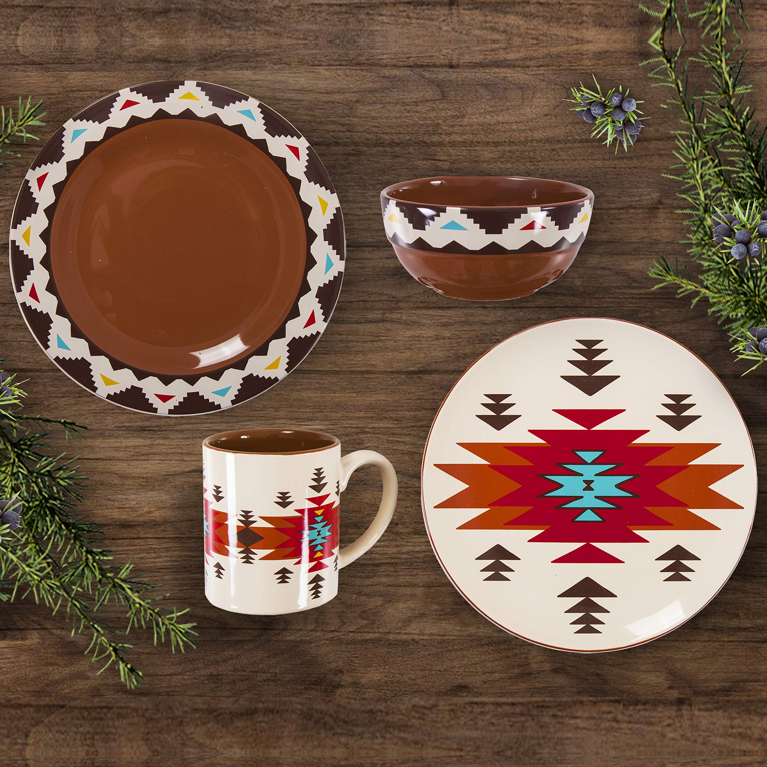HiEnd Accents Del Sol Aztec 16-Piece Ceramic Dinnerware Set - Plates, Bowls & Mugs - Southwestern Rustic Cabin Lodge Style - Perfect for Dining, Entertaining & Cabin Decor