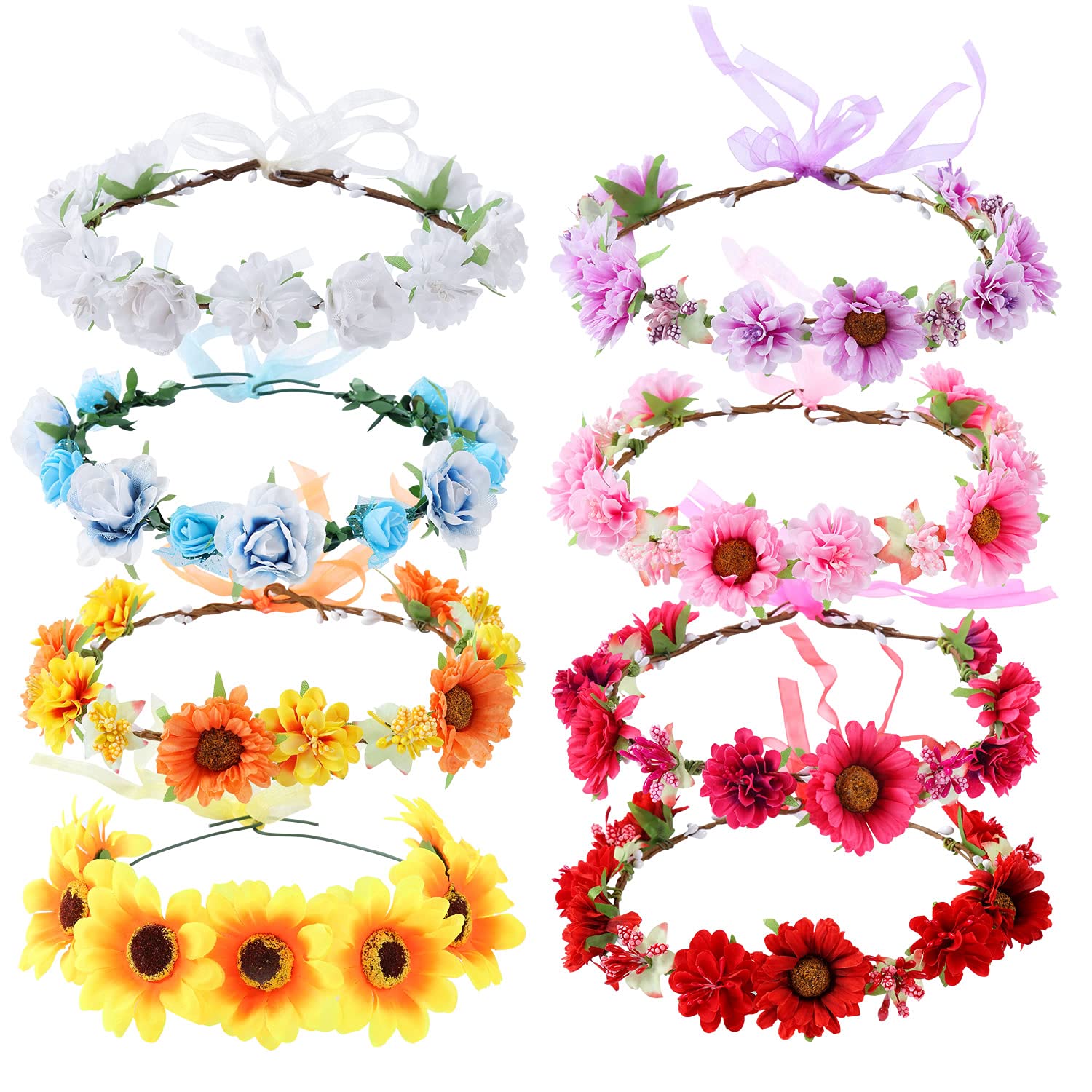 8 Pack Boho Flower Crown Headbands - Adjustable Handmade Daisy Rose Sunflower Tiara Wreath for Women, Brides, Bridesmaids, Girls & Teens - Perfect for Weddings, Hawaiian Parties, Festivals & Photo Shoots