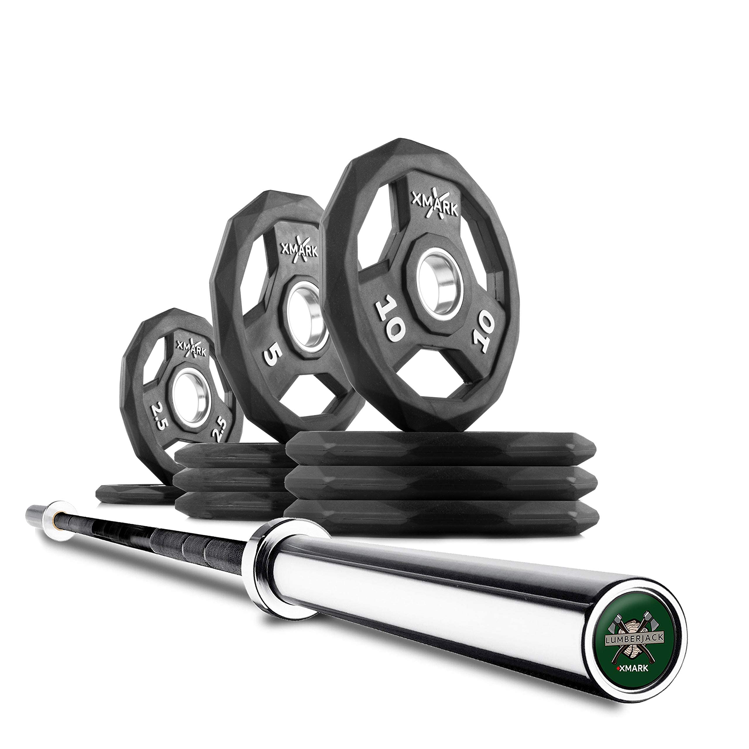 XMark Lumberjack Olympic Weightlifting Bar Set with Black Diamond Rubber Coated Plates - Perfect for Home Gym & CrossFit Training