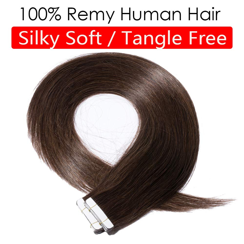 24 Inch Tape in Hair Extensions - 100% Remy Human Hair - 40 PCS 100g Dark Brown (#02) - Seamless Skin Weft for Long Straight Hair - Perfect for Weddings, Parties & Daily Styling