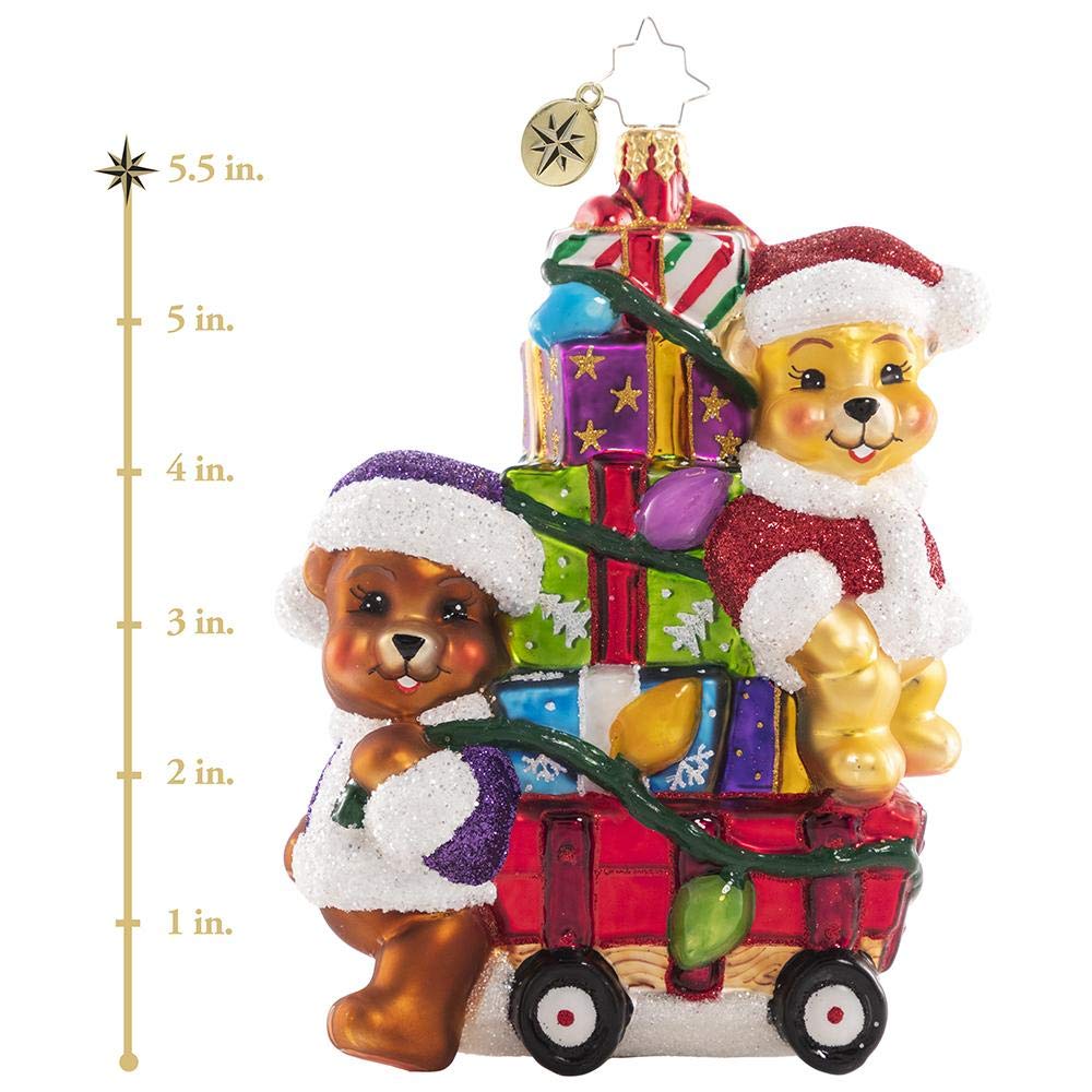 Christopher Radko Hand-Blown European Glass Christmas Ornament - Toting Treasure Teddies Bear Figurine | Elegant Holiday Tree Decoration for Home, Office & Festive Gift Giving
