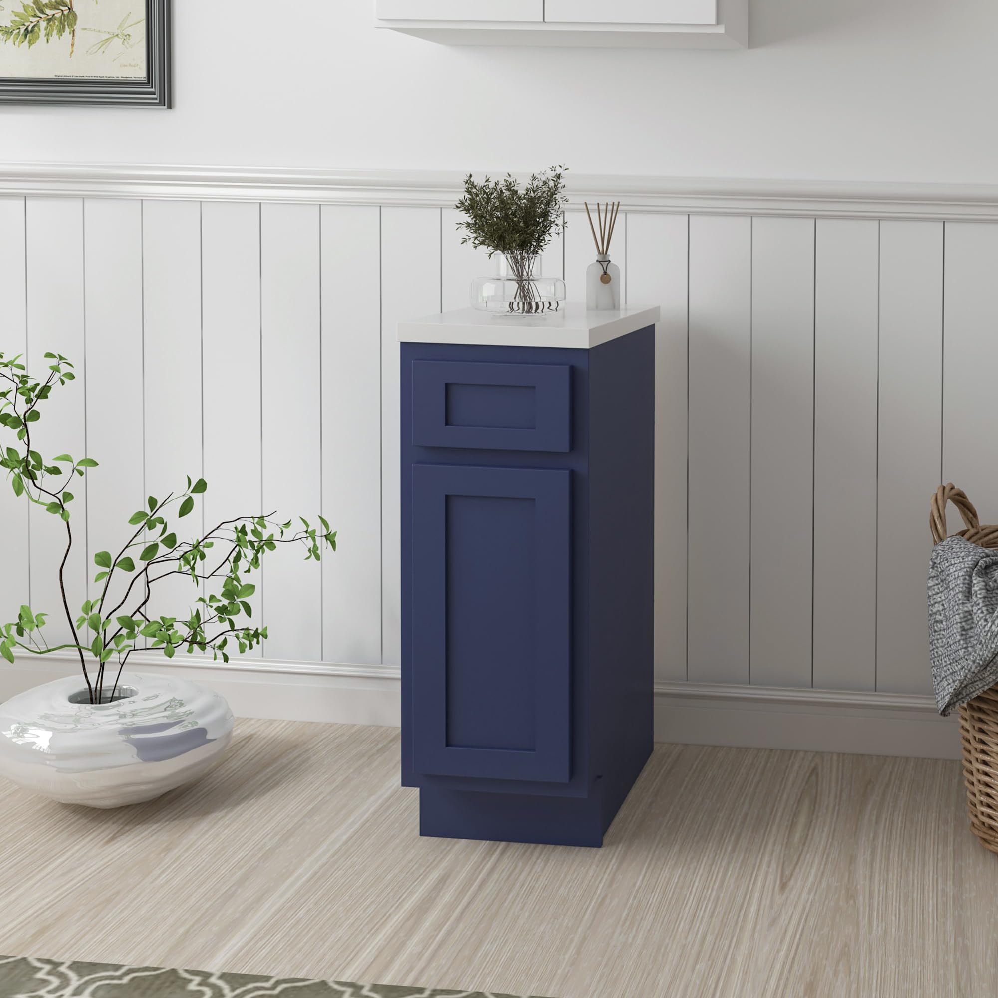 Vanity Art 12 Inch Small Bathroom Vanity Cabinet with Soft Closing Drawer & Door - Right Offset Shaker Design, Floor Mount Storage Organizer for Bathroom, Bedroom or Powder Room - VA4012-1BLUE