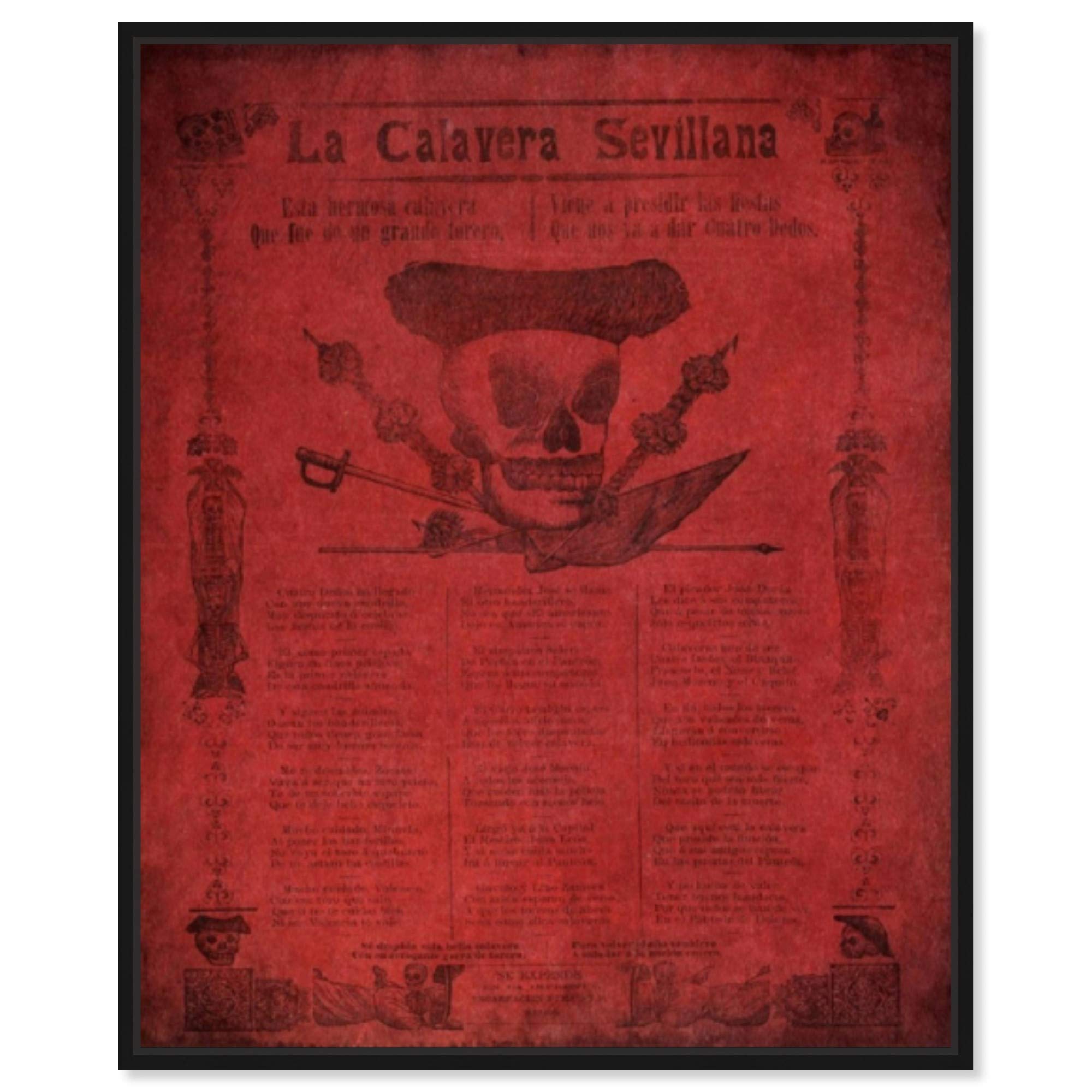 La Calavera Sevillana Wall Art - 20x24 Inch Framed Canvas Prints in Red & Black | Hatcher & Ethan Advertising Poster | Modern Home Decor for Living Room, Bedroom & Office