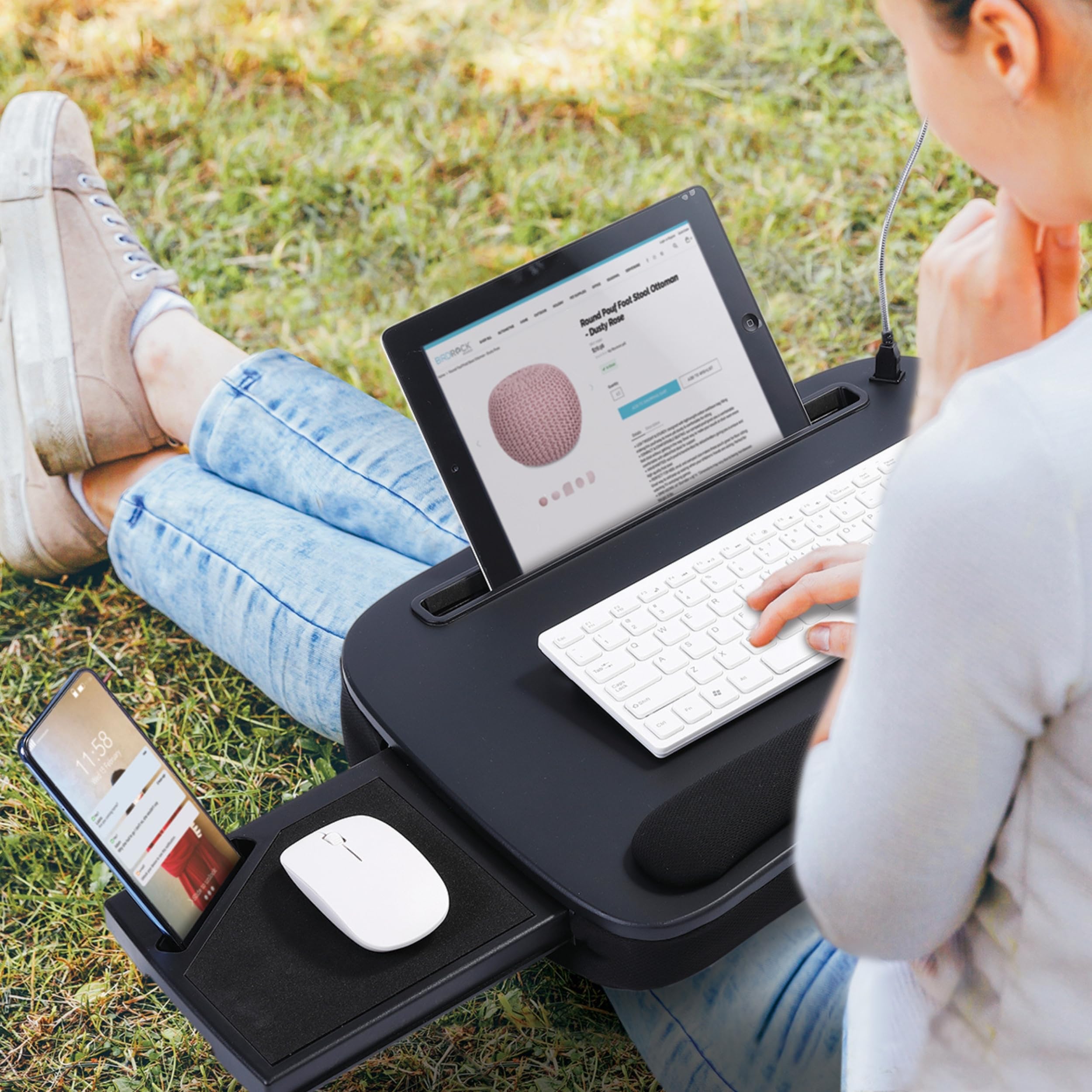 BIRDROCK HOME Adjustable Lap Desk with Memory Foam Cushion - Portable Laptop Tray with USB Light & Mouse Pad - Fits 15