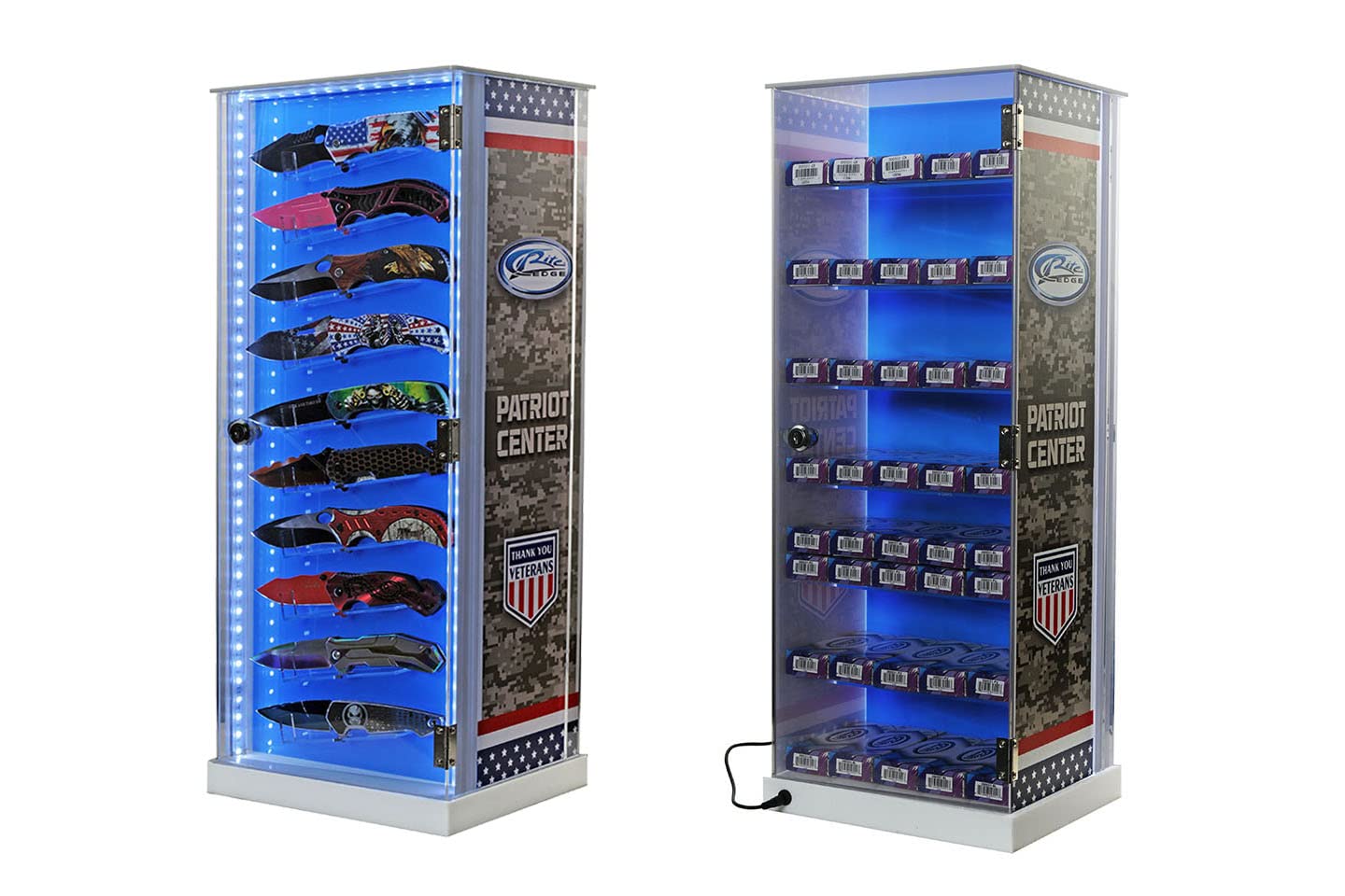 10-Piece Rotating Acrylic Knife Display Case with LED Lights - Rectangular Glass Stand Tower for Pocket Knives | Knife Organizer & Storage Cabinet with Shelves | Perfect for Retail Stores, Collections, and Home Display