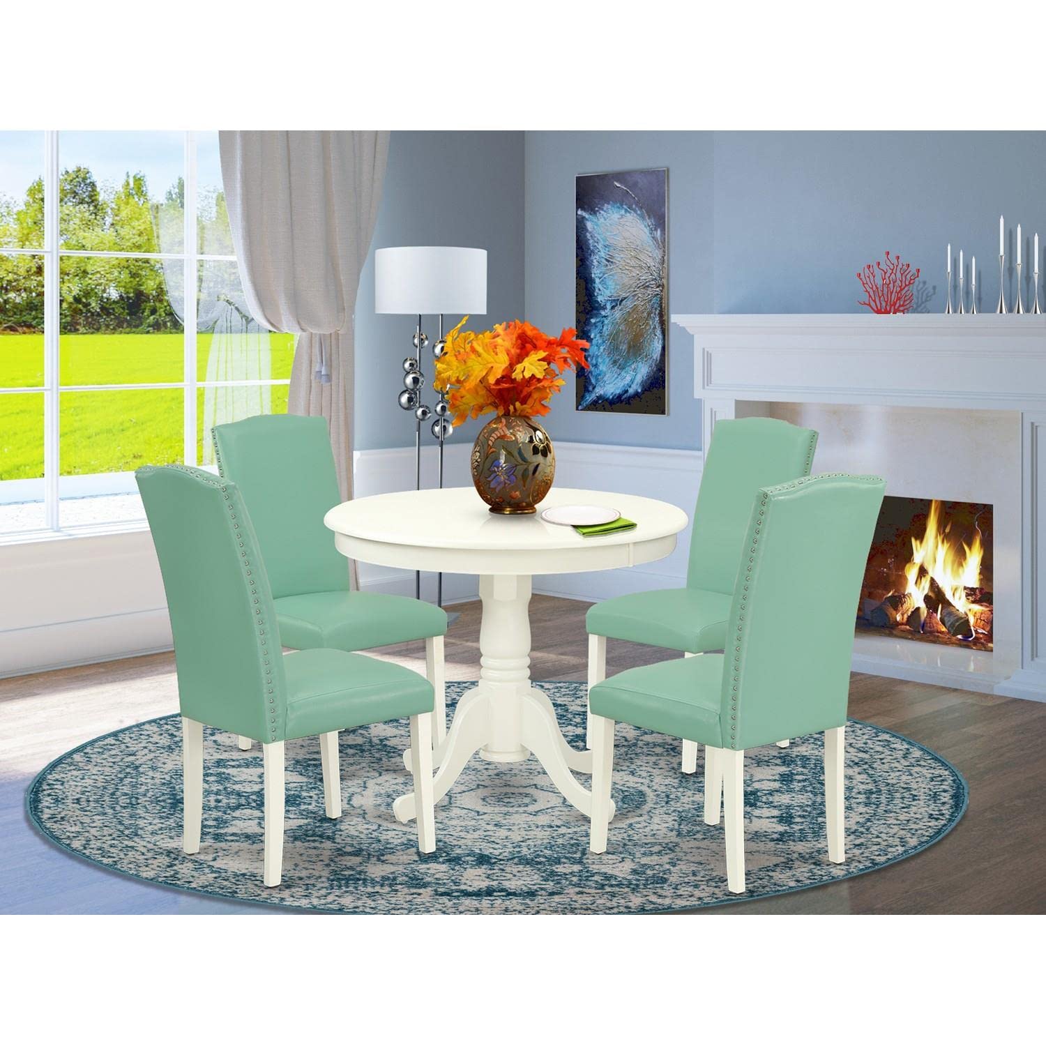 East West Furniture ANEN5-LWH-57 5-Piece Round Dining Table Set with Pedestal Base & 4 Faux Leather Parsons Chairs, 36x36 Inch, Linen White - Perfect for Small Kitchens, Breakfast Nooks & Cozy Dining Spaces