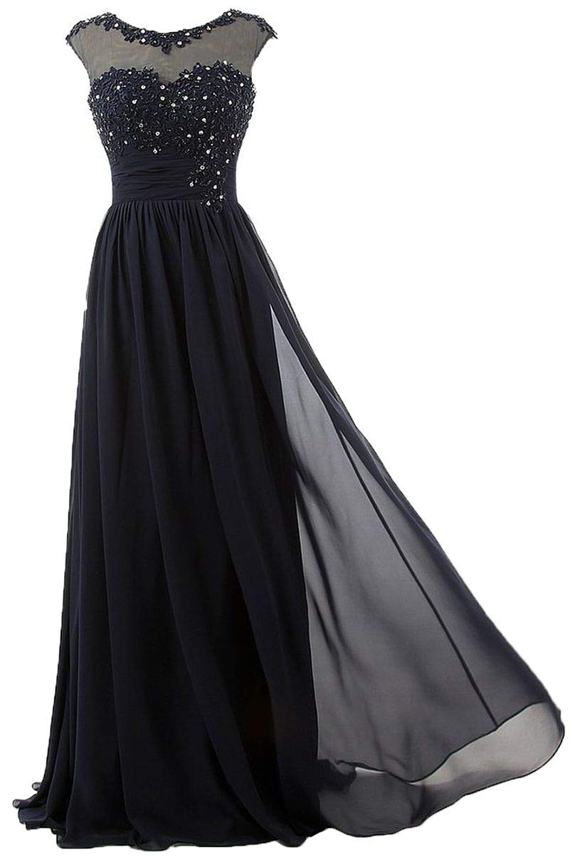 Elegant Women's High Neck Lace Applique Chiffon Long Formal Evening Dress for Prom, Wedding, Gala & Special Occasions