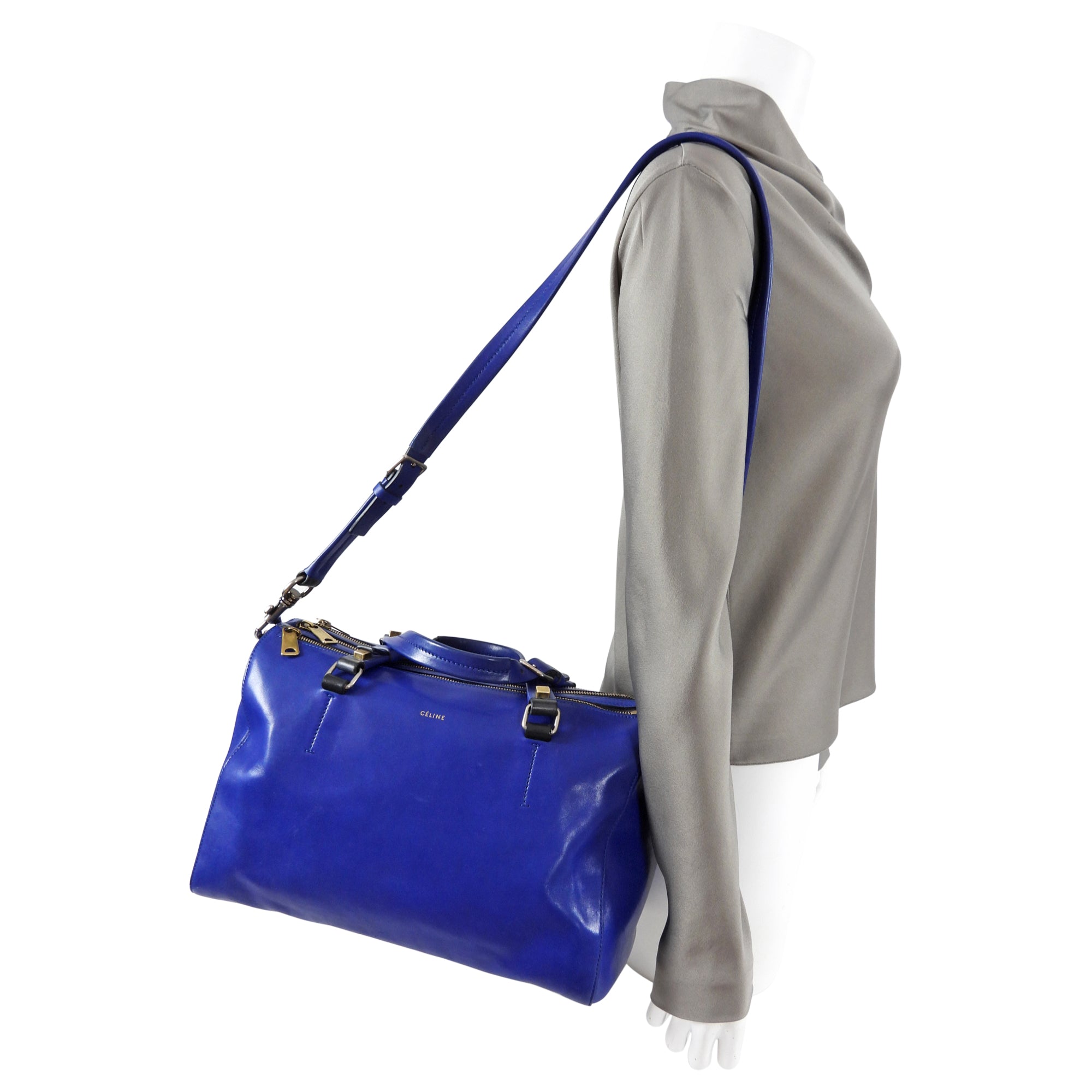 Celine Blue Leather Duffle Bag - Two-Way Carry Handbag for Women | Perfect for Travel, Work & Everyday Use
