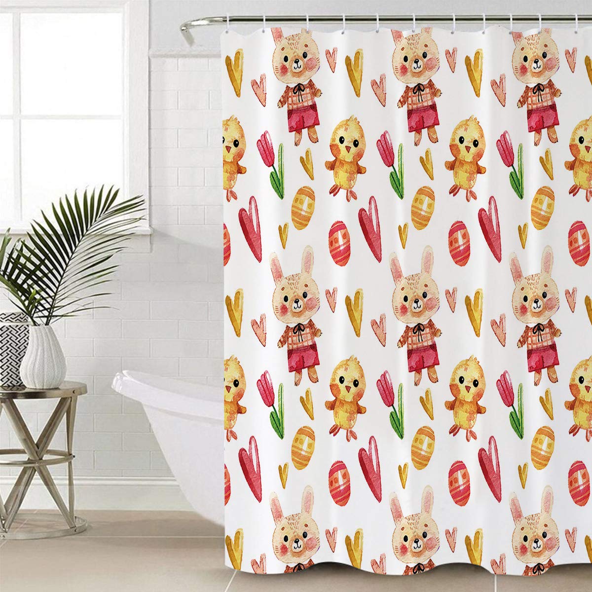 BABE MAPS Easter Theme Shower Curtain - Waterproof 66x72 Inch Cute Cartoon Bears & Hearts Design - Durable Bathroom Decor with Hooks - Perfect for Showers, Bathtubs & Easter Home Decor
