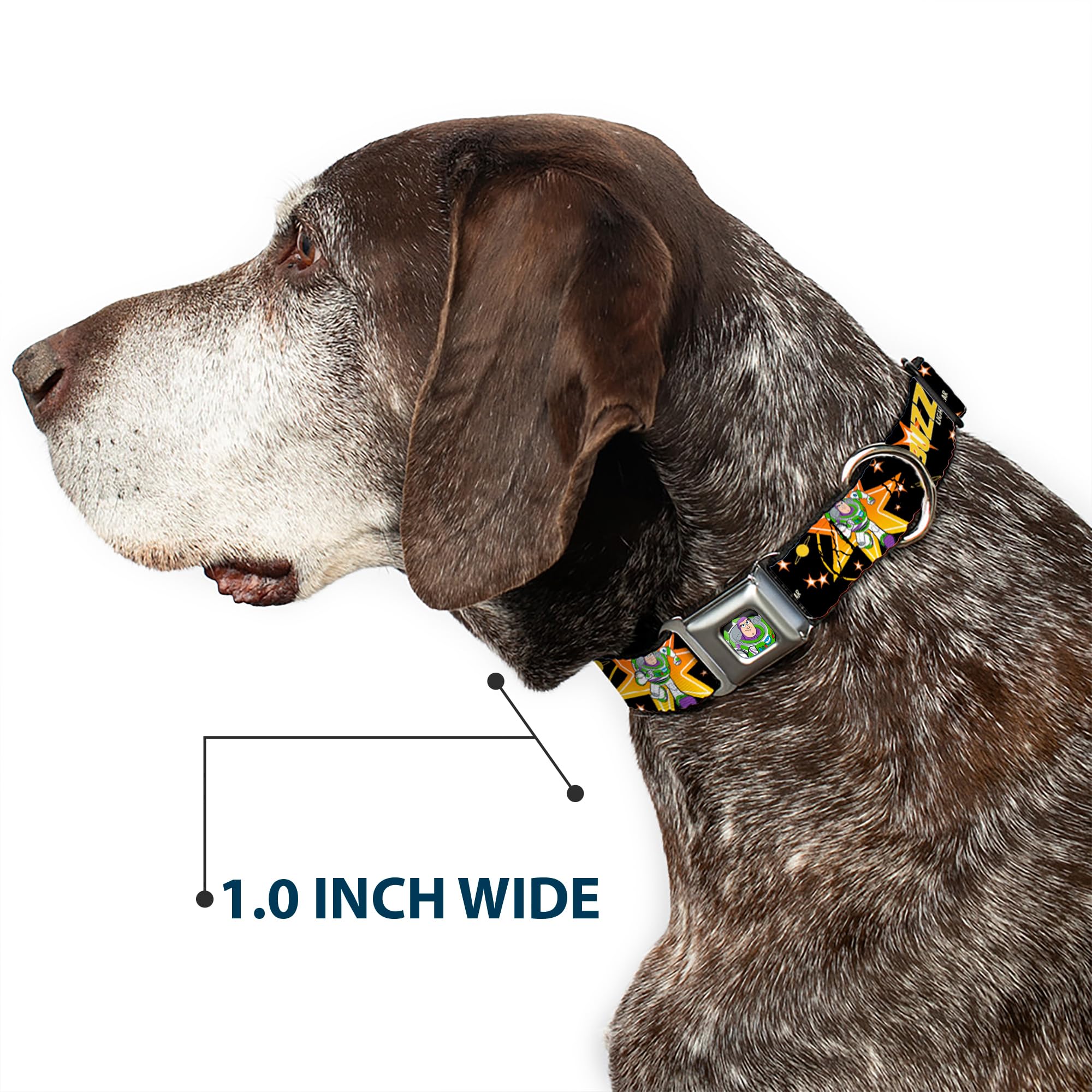 Buckle-Down Dog Collar with Seatbelt Buckle - Toy Story Buzz Lightyear Running Stars Design (Black, Orange, Yellow) - 1-Inch Wide Adjustable Collar for Large Dogs (15-26