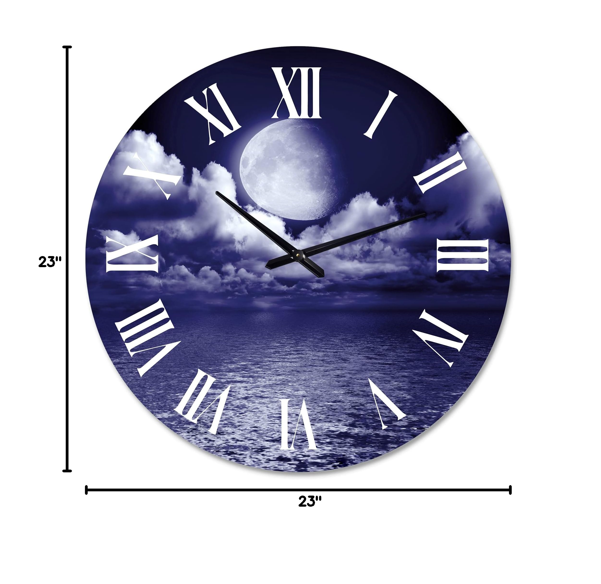 DesignQ Nautical Coastal Wall Clock - Full Moon in Cloudy Night Sky V - Blue Round Clock for Home & Office Decor | Perfect for Living Room, Bedroom, Beach House