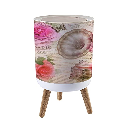 Vintage Rose Postcard Small Trash Can with Lid - 1.8 Gallon Round Waste Bin with Gramophone & Butterflies Design - Press Cover Dog Proof Garbage Bin for Kitchen, Bathroom, Living Room - Perfect for Home Decor & Waste Disposal