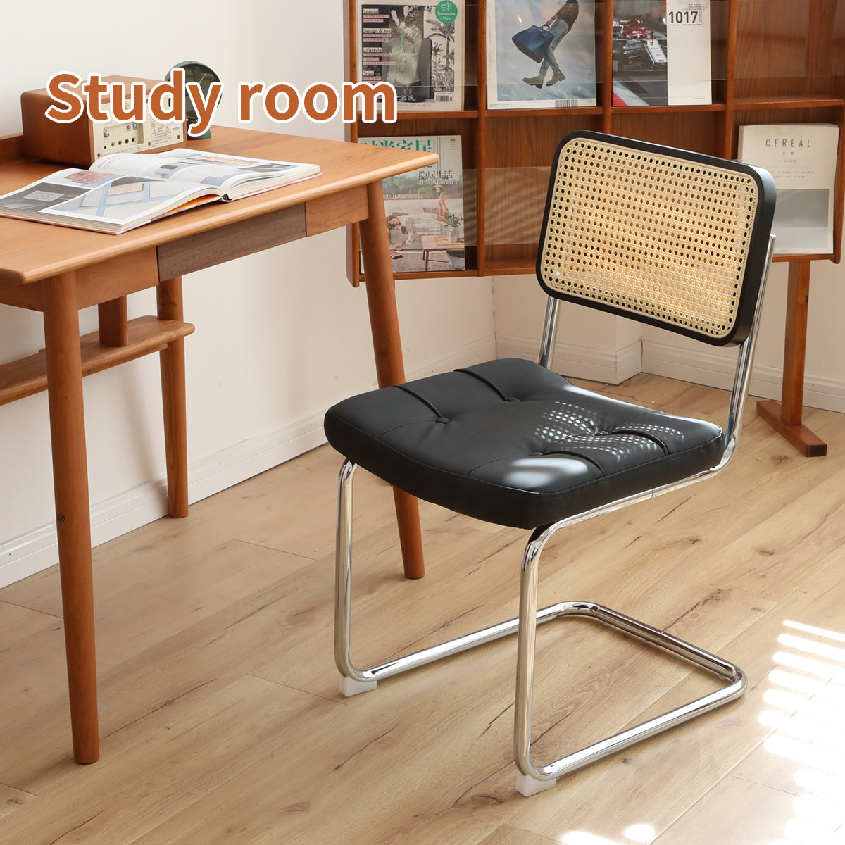 Modern Mid Century Breuer Style Dining Chairs Set of 2 - Faux Leather & Rattan Accent Chairs with Chrome Legs for Living Room, Kitchen, Dining Area - Black Upholstered Side Chairs (2-Piece Set) - Perfect for Small Spaces, Breakfast Nooks and Contemporary Home Decor