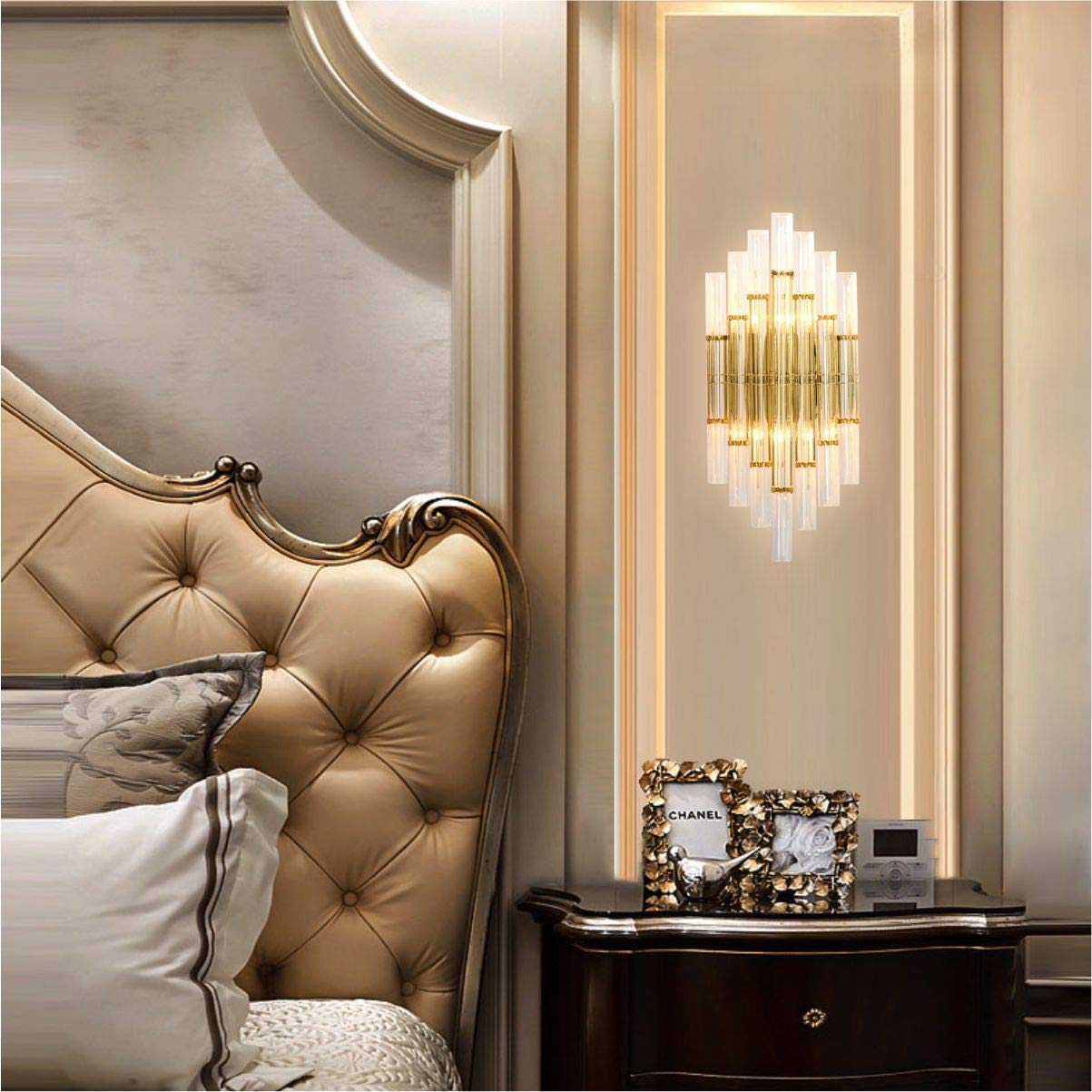 KCO Lighting Modern Crystal Wall Sconce Set of 2 - Gold Metal Wall Mounted Light Fixture with Clear Crystals for Bedroom, Living Room, Dining Room - Elegant Home Decor Lighting for Hallway, Entryway, and Interior Design (Gold-2PC)