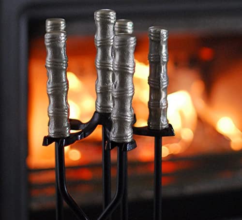 Heavy Duty 5-Piece Fireplace Tool Set - Silver Steel Wrought Iron Fire Pit Tools for Indoor & Outdoor Use - Antique Style Stove Accessories Kit for Fireplace, Camping, and Home Decor