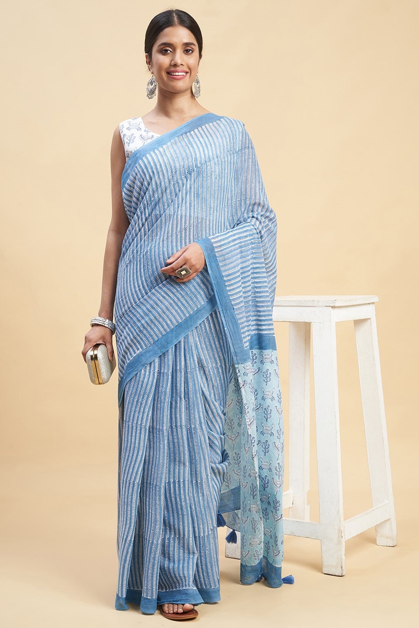 Handblock Printed Blue Crabs Design Mul Cotton Saree - Elegant Traditional Indian Attire for Weddings, Festivals & Special Occasions