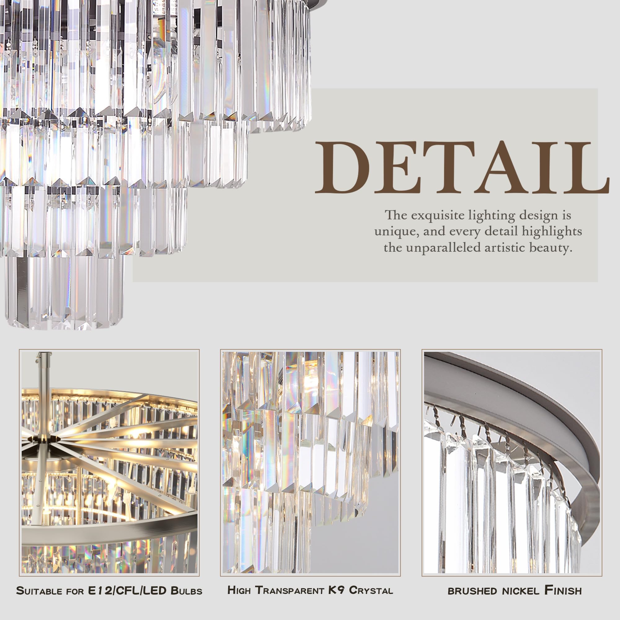 5-Light Crystal Modern Nickel Chandelier - 4-Tier Pendant Ceiling Light Fixture for Dining Room, Living Room, Bedroom & Entryway - Elegant Lighting for Home Decor, Weddings & Special Events