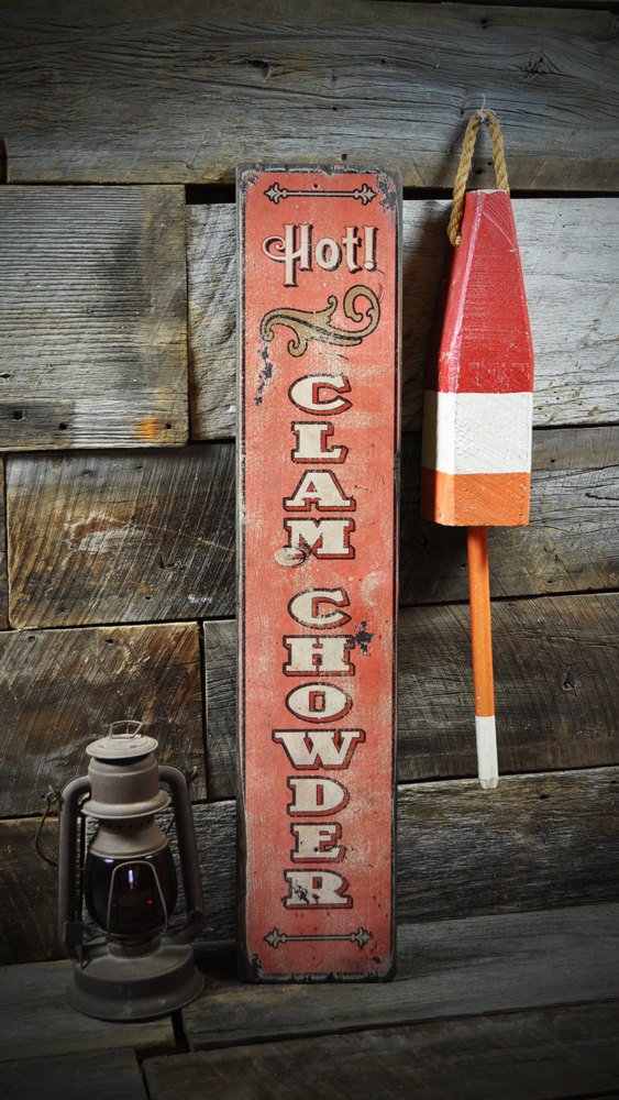 Hot Clam Chowder Wooden Sign - 7.25 x 36 Inches Rustic Wall Decor for Kitchen, Restaurant, or Coastal Home