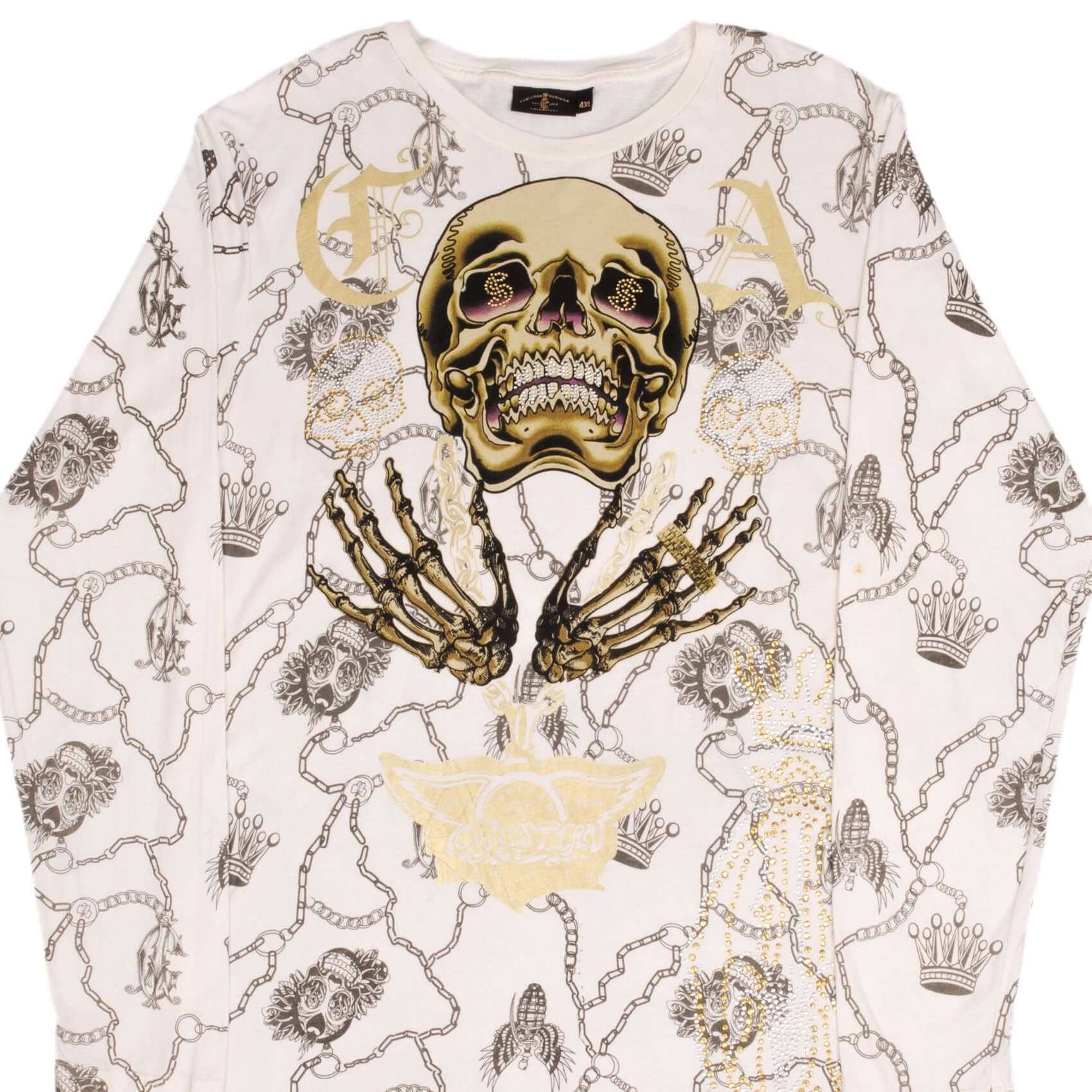 Vintage Christian Audigier Rhinestone Skull Long Sleeve T-Shirt - Gothic Rock Style for Men & Women - Perfect for Concerts, Halloween & Edgy Streetwear (Large, 2000s Retro Fashion)
