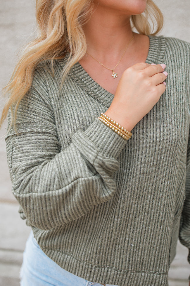 Stylish Olive Ribbed Knit V-Neck Top for Women - Soft & Comfortable Casual Wear - Perfect for Everyday Outfits & Layering
