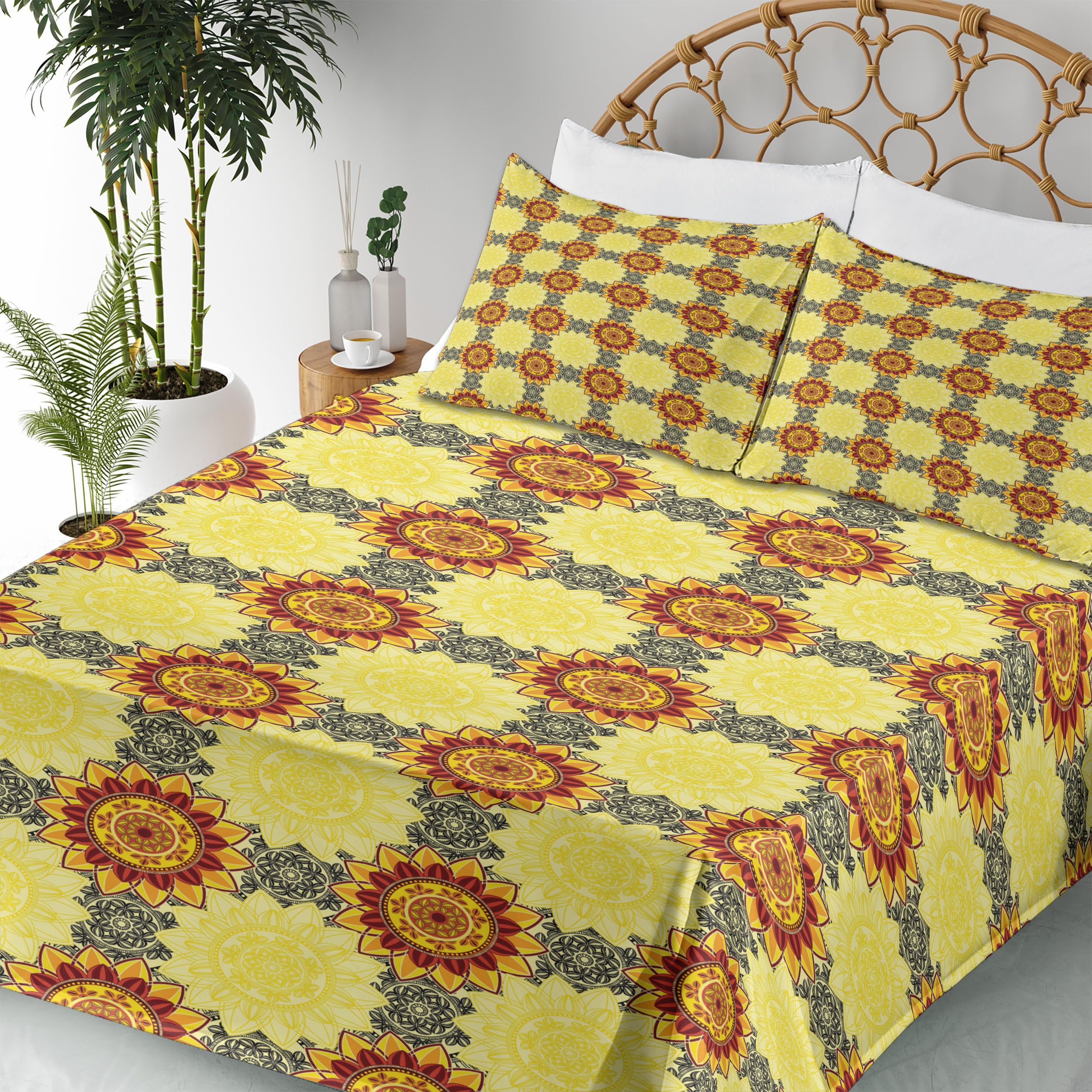 Ambesonne Mandala 4-Piece King Size Sheet Set - Vibrant Yellow Black Ruby Boho Floral Design with Fitted Sheet, Flat Sheet & Pillowcases | Perfect for Bohemian Bedroom Decor, Guest Room Makeover & Meditation Retreats