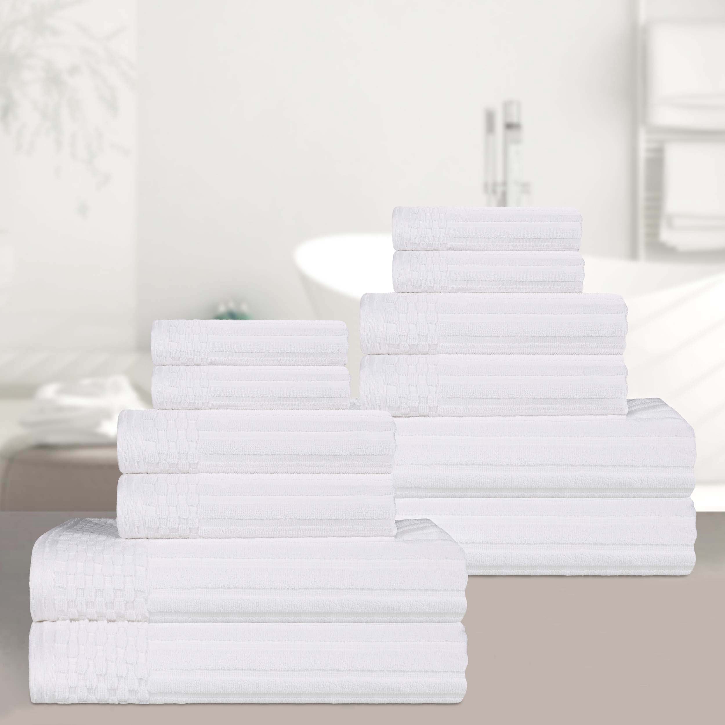 Premium 12-Piece Ribbed Cotton Towel Set - Soft, Absorbent & Medium Weight - Perfect for Bathroom, Spa & Guest Use