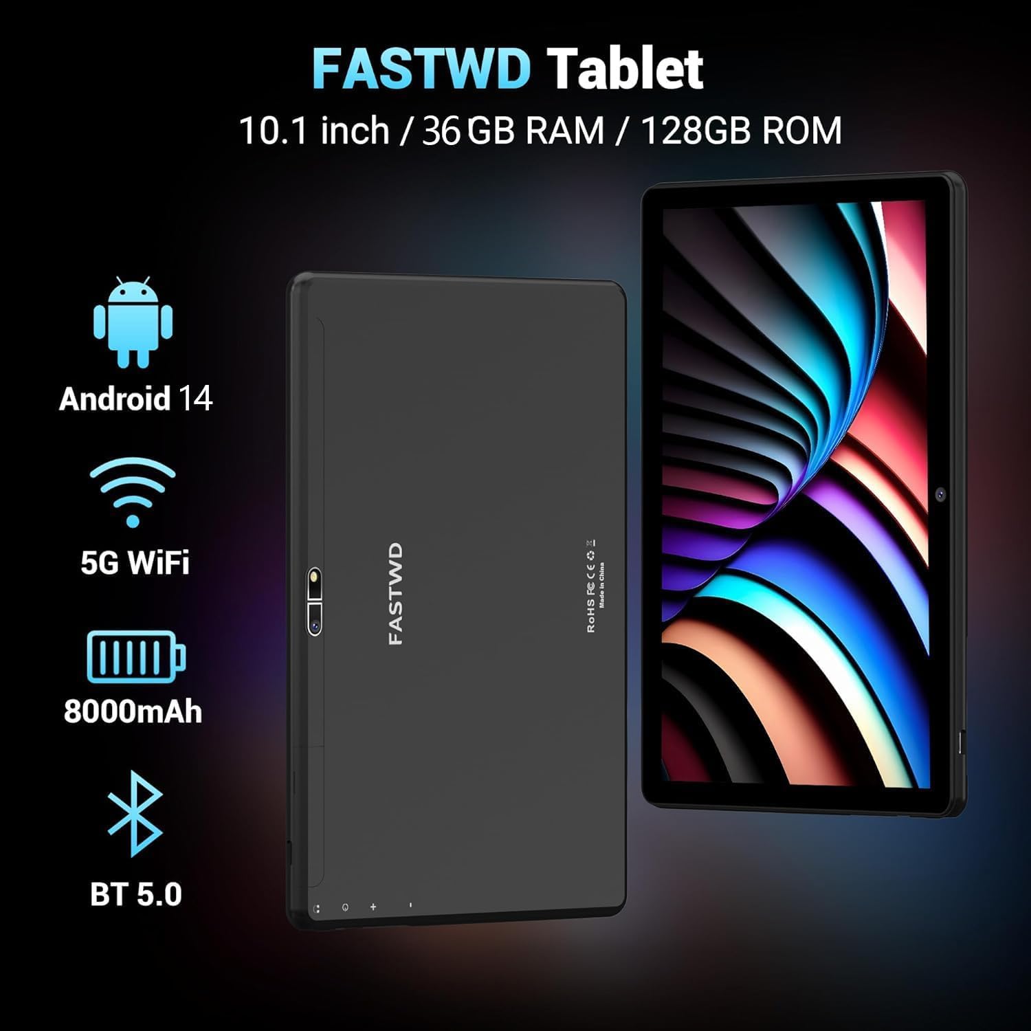 FASTWD 10 Inch Android 14 Tablet (2025 Model) - 5G WiFi, 36GB RAM + 128GB ROM, 8000mAh Battery, Face ID, 2-in-1 Tablet with Keyboard - Black | Perfect for Work, Study & Entertainment