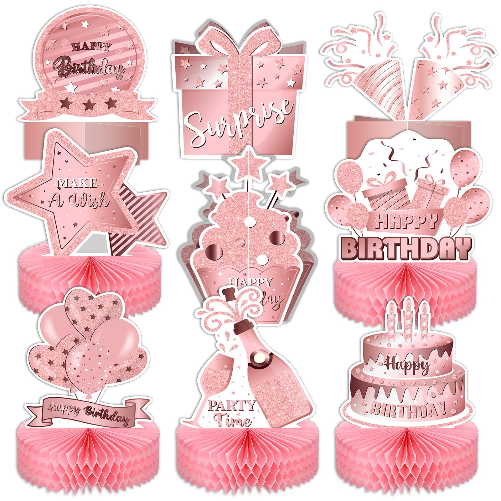 9 Pack Pink Rose Gold Honeycomb Table Decorations - Double Sided Birthday Party Centerpieces for Women & Girls - Perfect for Birthday Decor, Baby Showers, Bridal Showers & Photo Booth Props